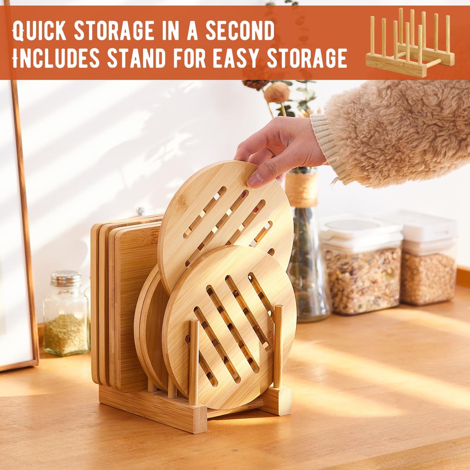GHWIE Bamboo Trivet Set with Stand - 4 Pack Heat Resistant Kitchen Pot Holders, Hot Plate Mats & Stove Protectors | Multi-Purpose Hot Pads for Air Fryer, Serving Dishes & Countertop Protection