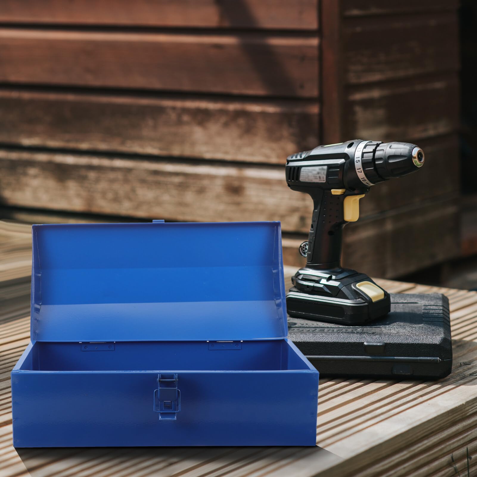 DOITOOL Small Metal Tool Box - Portable Steel Tool Organizer with Hip Roof Design & Secure Metal Latch | Compact 13.95x6.68x4.52 Inch Blue Tool Storage Box for DIY, Home Repair, Car Maintenance & Workshop Organization