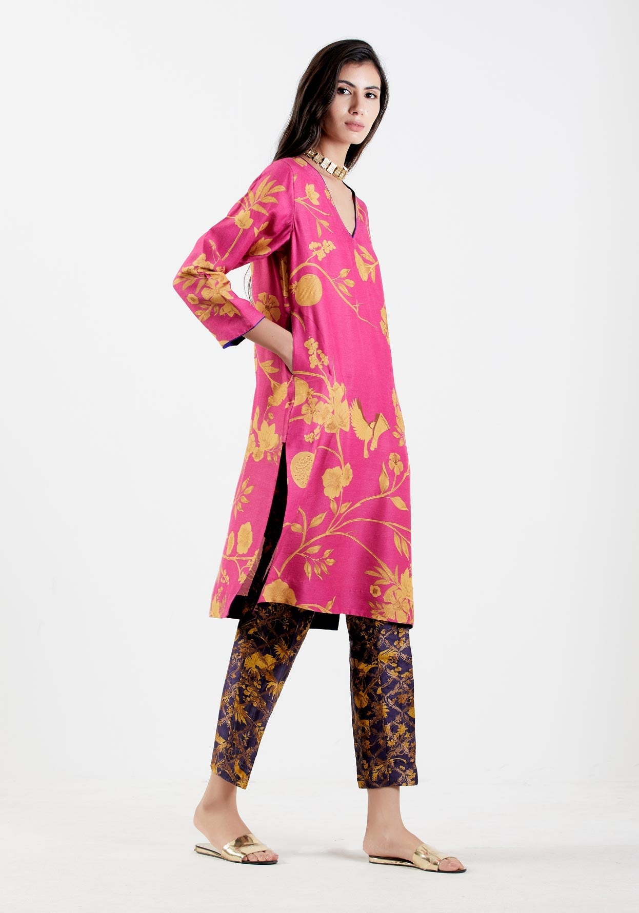 Elegant V Neck Kurta for Women - Premium Muga Satin Fabric - Royal Rani Style - Perfect for Festivals, Weddings & Special Occasions