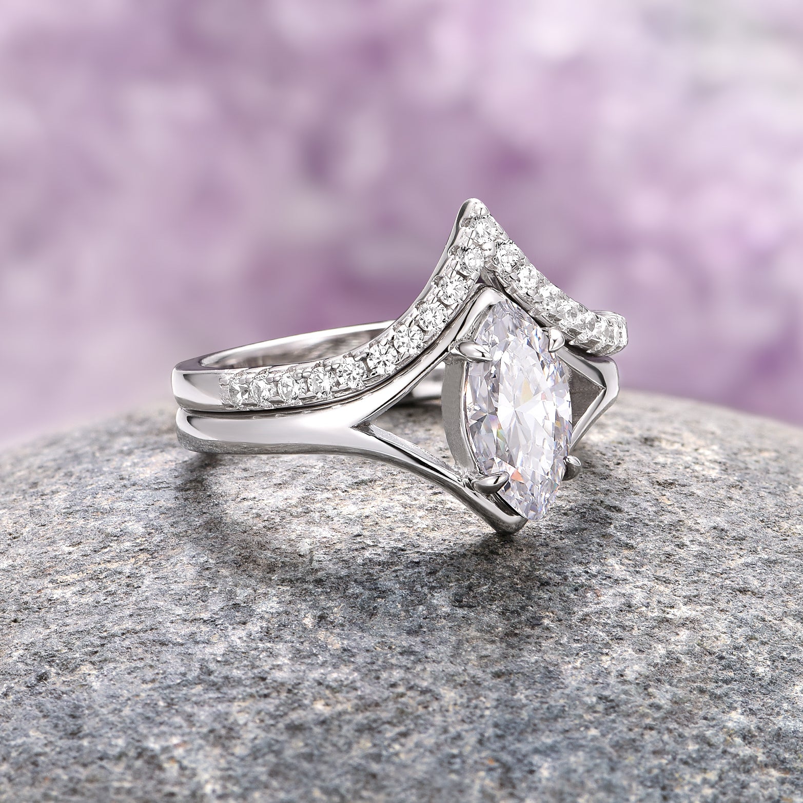 Elegant Marquise Cut Moissanite Engagement Ring Set in 14K White Gold - Perfect for Proposals, Weddings & Anniversary Gifts