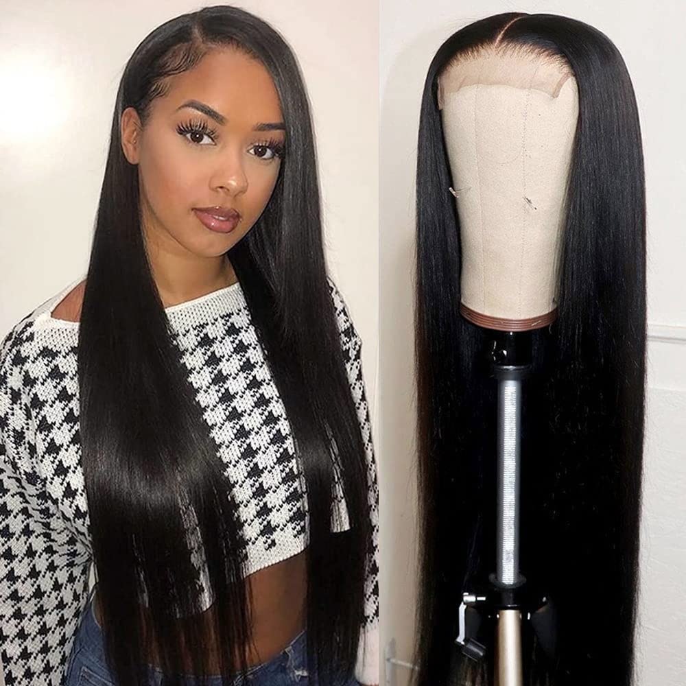 PORSMEER 24 Inch Long Black Lace Front Wig - Heat Resistant Synthetic Hair for Women, Natural Looking Straight Wig with Middle Parting | Perfect for Cosplay, Daily Wear & Special Occasions
