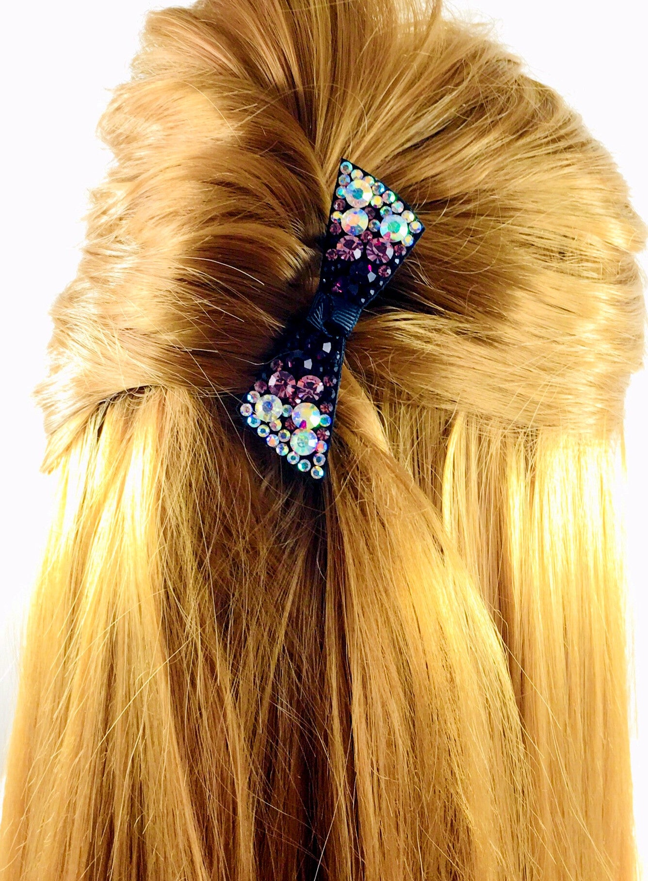 Elegant Swarovski Crystal Bow Knot Hair Clip - Acrylic Black Base with AB Pink Magenta Finish | Perfect for Weddings, Parties & Everyday Glamour