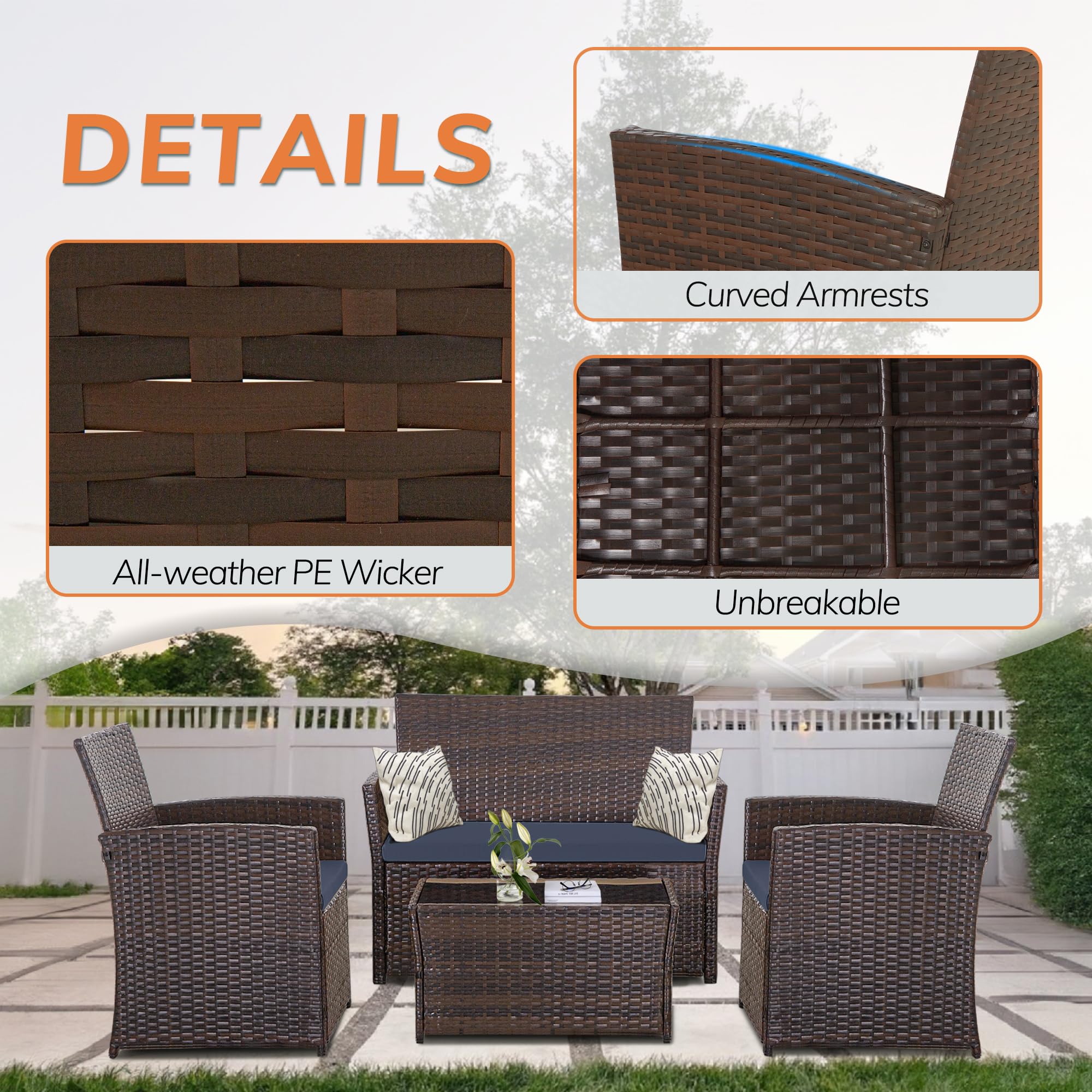 4-Piece Outdoor Patio Furniture Set - Wicker Rattan Sectional Sofa with Coffee Table & Cushions - Gray/Blue Conversation Set for Backyard, Porch, Garden, Poolside - Perfect for Relaxing & Entertaining Outdoors
