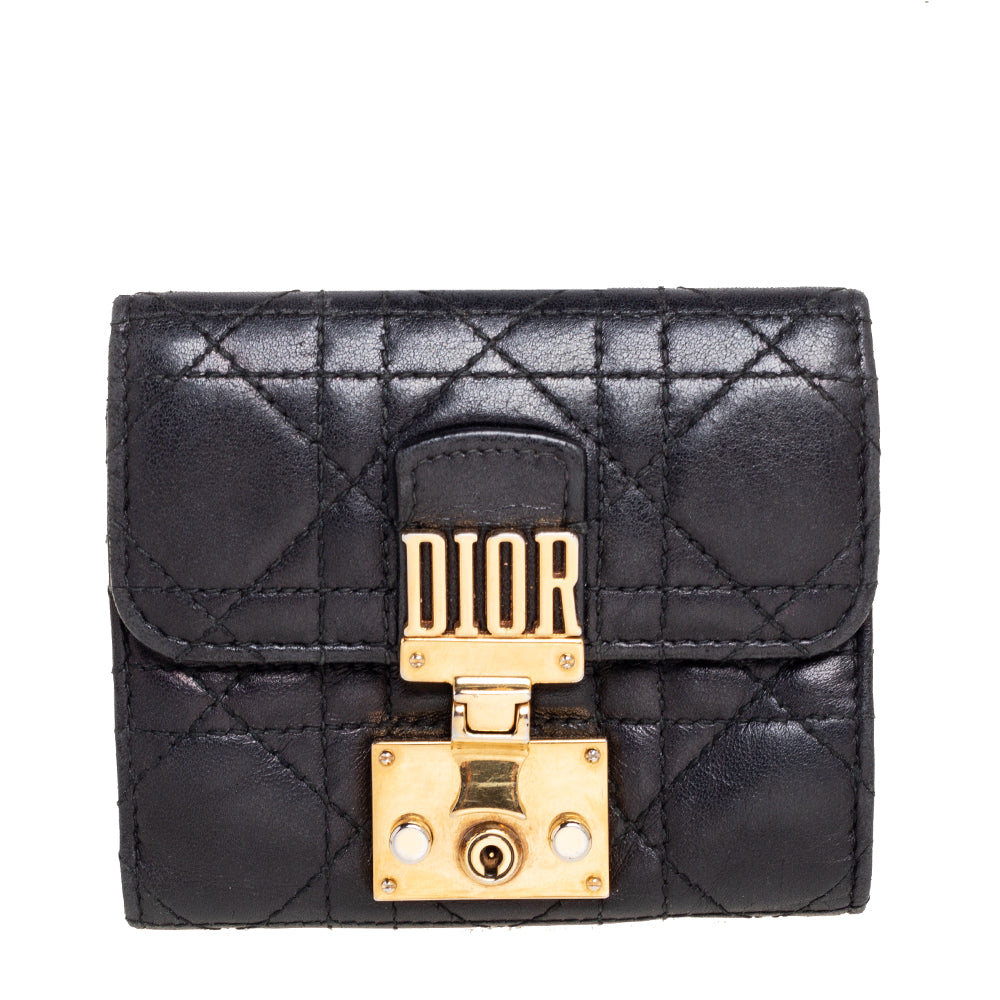 Black Cannage Leather Addict Compact Wallet for Women - Luxury Designer Card Holder & Coin Purse - Perfect for Everyday Use, Travel, and Gifts