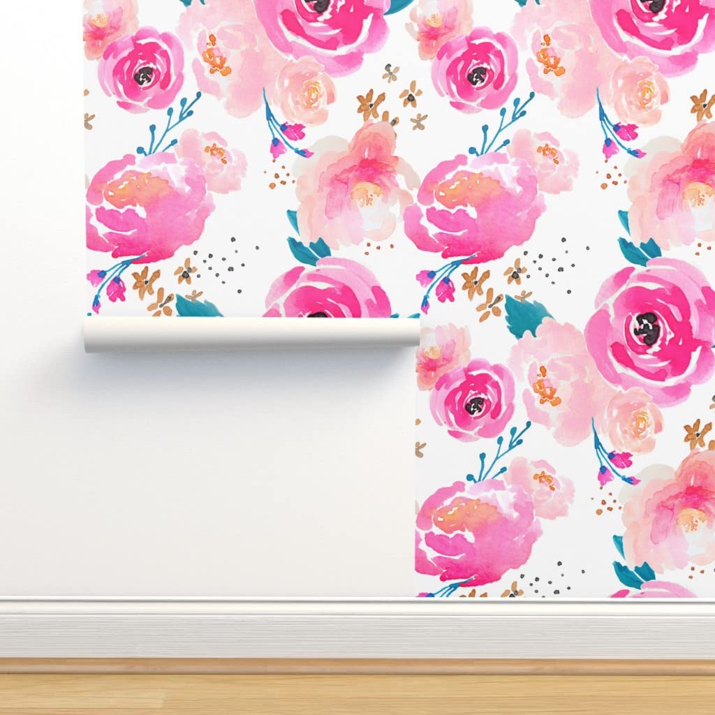 Removable Wallpaper Swatch - Bloom Florals Watercolor Pink Peel & Stick Wallpaper for Bedroom, Nursery & Home Decor | DIY Custom Wall Covering by Spoonflower