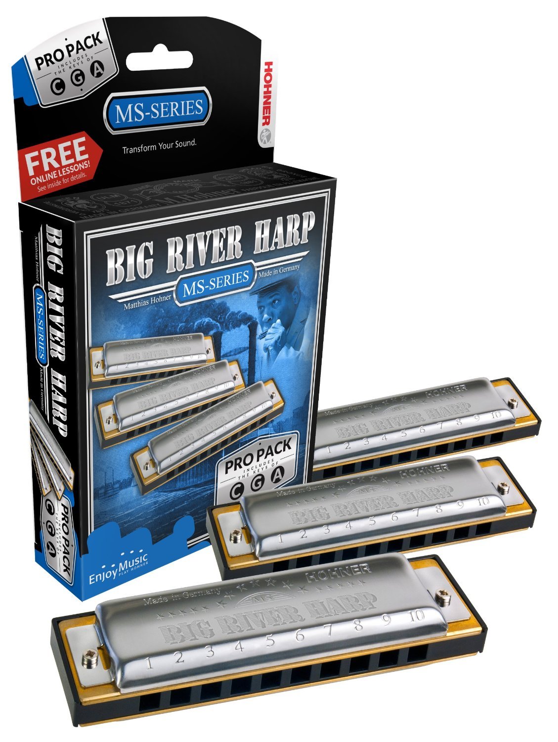 Hohner Big River Harp 3-Piece Pro Pack - Harmonicas in Keys of G, A, C - Perfect for Blues, Folk & Rock Music Performances