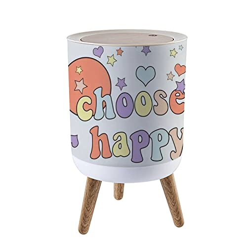 70s Retro Small Trash Can with Lid - 1.8 Gallon Round Waste Bin with Sun Heart & Star Print, Happy Slogan Dog-Proof Garbage Bin for Kitchen, Bathroom & Living Room | Perfect for Vintage Home Decor & Small Space Organization