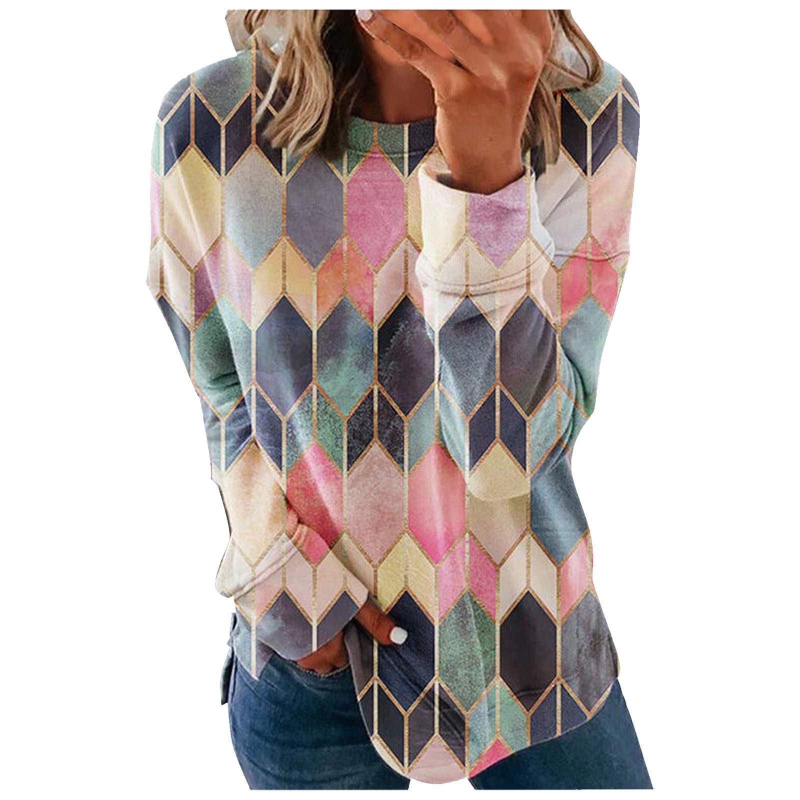 Elegant Women's Long Sleeve Casual Shirts with Diamond Print - Round Neck Summer Tops for Ladies | Perfect for Office Wear, Date Nights & Casual Outings