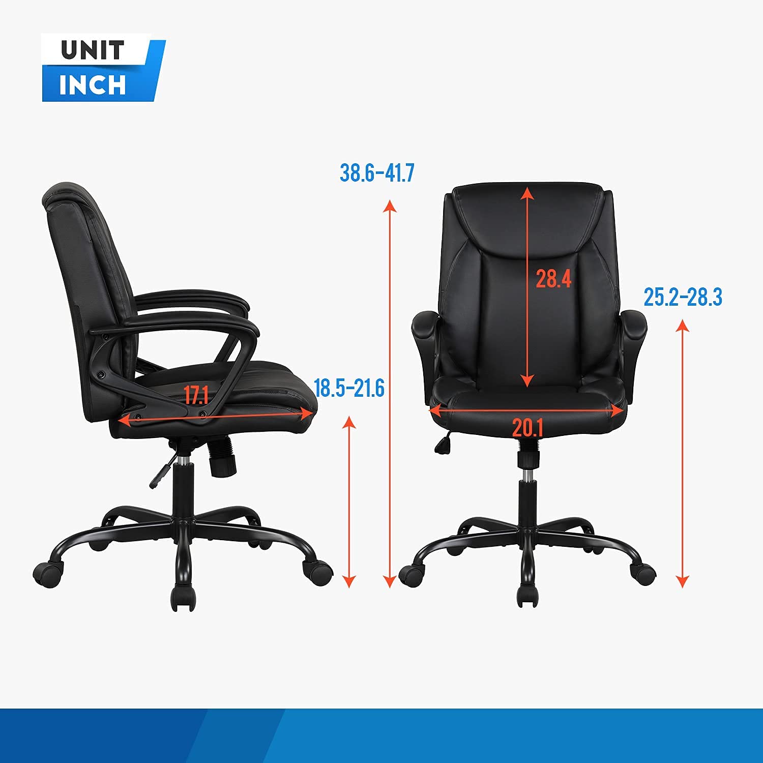 Ergonomic Office Chair with Mid Back & Lumbar Support - Big & Tall Computer Desk Chair for 250 lbs - Wide PU Leather Seat with Rolling Wheels - Perfect for Home Office, Gaming & Workspaces (Black)