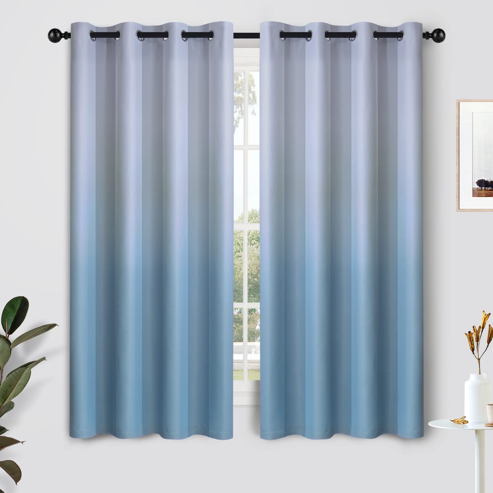 SimpleHome Ombre Curtains 52 x 63 Inch - Light Blocking Thermal Insulated Room Darkening Window Drapes (2 Panels, Gradient Grey White to Blue) for Bedroom & Living Room - Perfect for Privacy, Temperature Control & Stylish Home Decor