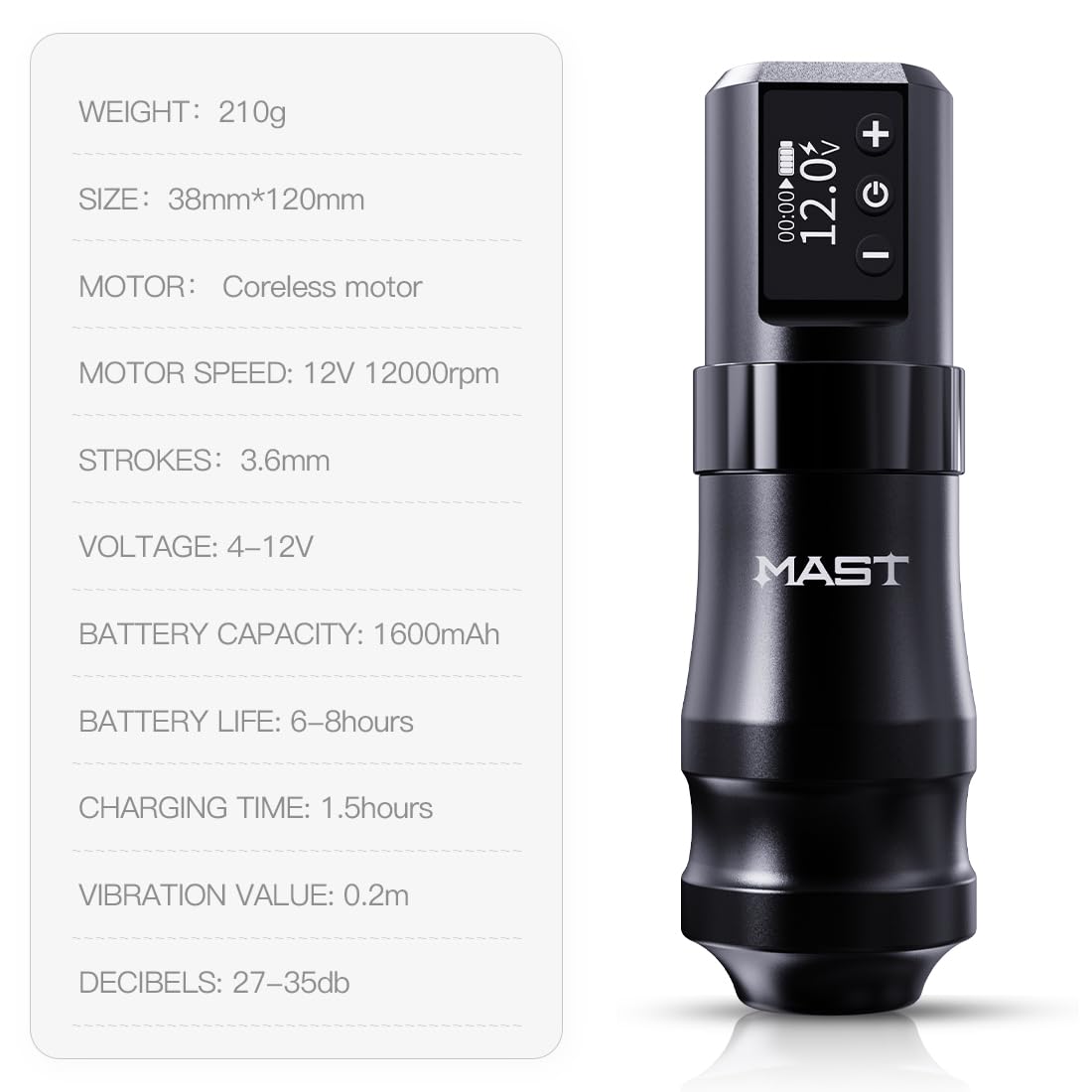 Mast Mini Wireless Pro Tattoo Pen Machine - 3.6mm Stroke Length, Coreless Motor, Fast Charging Battery - Professional Tattoo Kit for Artists (Grey) | Perfect for Tattoo Shops, Home Studios & Professional Tattoo Artists