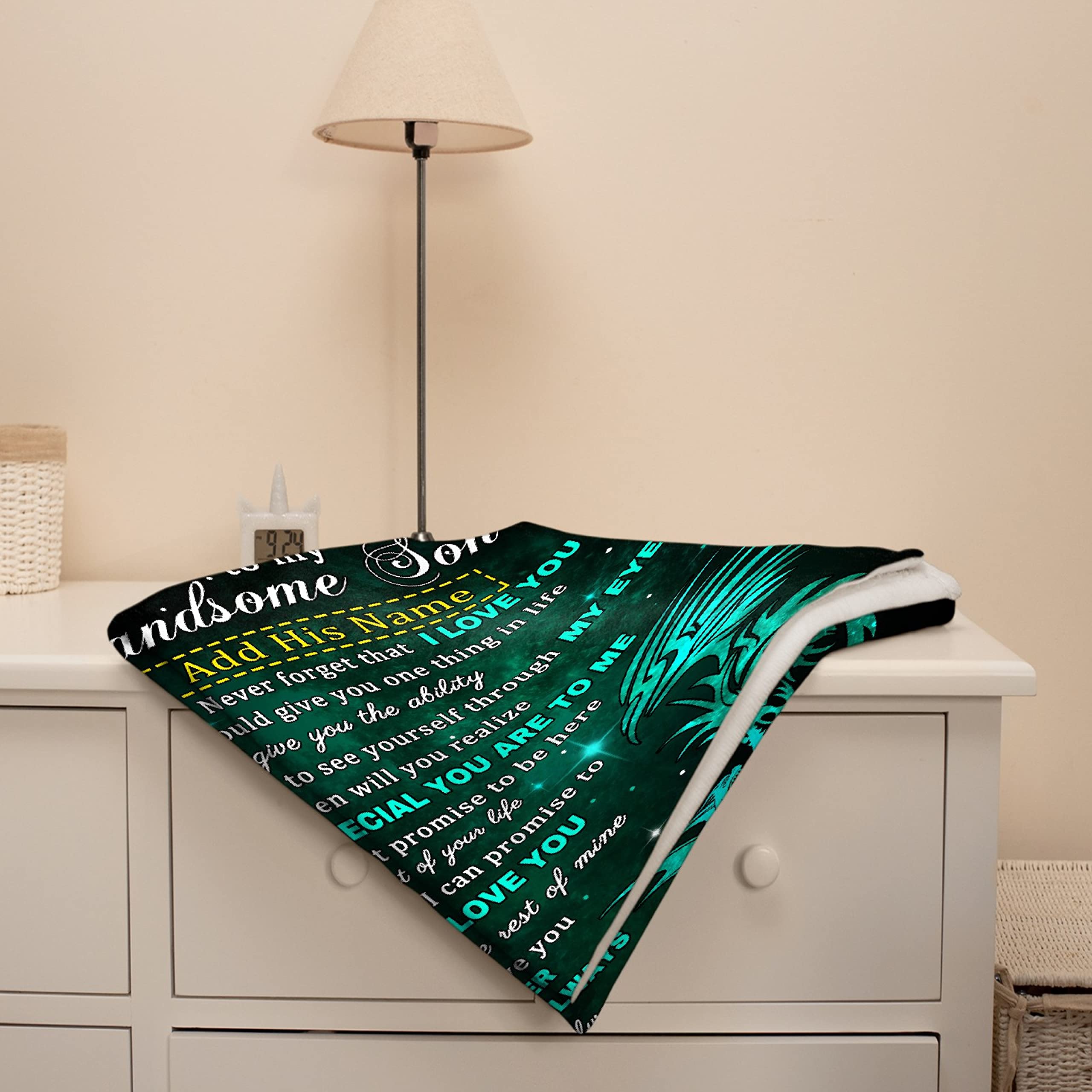 Personalized Dragon Blanket for Son - Custom Name Gift from Mom & Dad | 90x120 Inch Lightweight Flannel Throw Blanket for Boys & Men | Super Soft Comfy Blanket for Birthday, Christmas, Couch, Sofa Decor | Perfect for Snuggling, Gifting & Home Decoration
