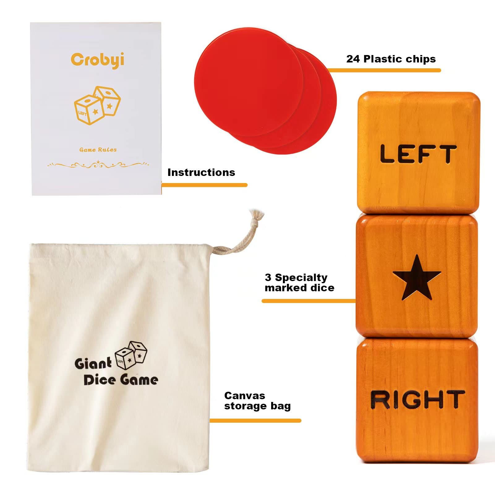 Giant Right Center Left Dice Game Set with 24 Large Chips & Carry Bag - 3.5 Inch Wooden Outdoor Lawn Dice for Family Game Night, Parties, Camping and Backyard Fun