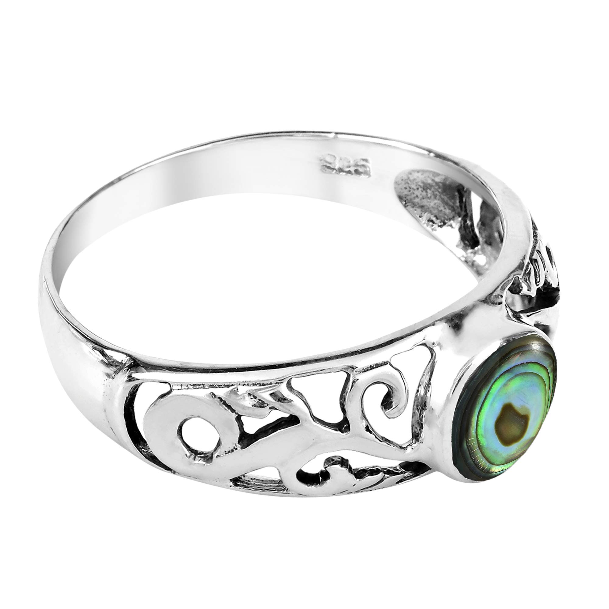 Aeravida Intricate Lace Swirl Vines Round Abalone Shell .925 Sterling Silver Ring for Women | Elegant Wedding Band, Casual Comfort Fit Jewelry | Perfect Gift for Daughter, Wife, Girlfriend | Available in Sizes 6-9 | Ideal for Weddings, Anniversaries, Date Nights and Everyday Wear