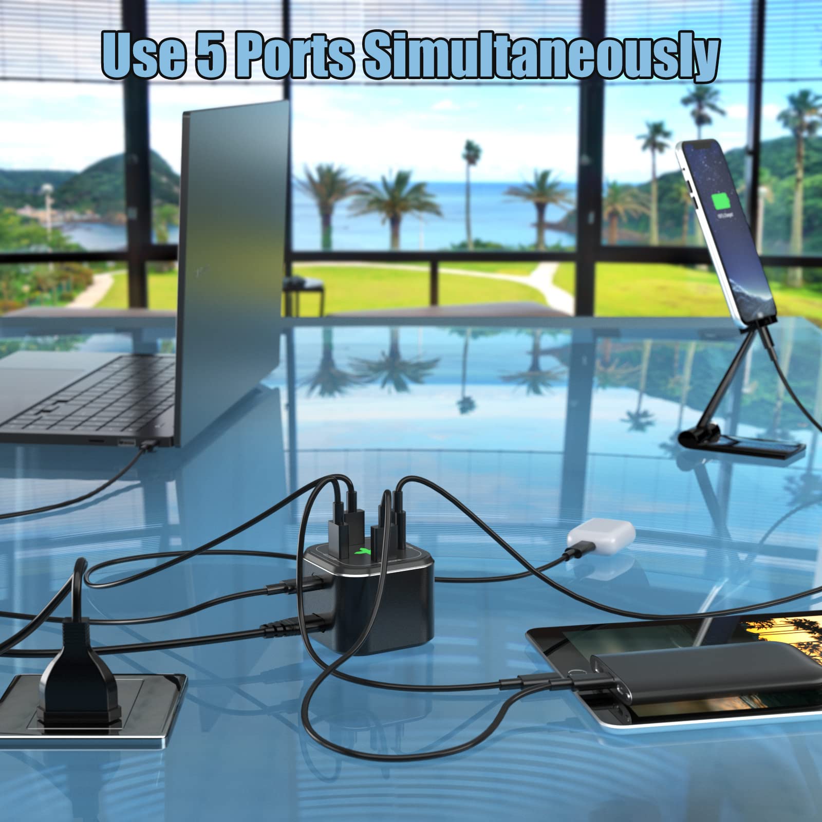 80W 5-Port USB C Charging Station with 65W PD 3.0 GaN Fast Charger - Compatible with iPhone 15/14 Pro Max, MacBook Pro, iPad Pro, Nintendo Switch, Galaxy S23/S22 - Perfect for Home, Office & Travel Charging Multiple Devices Simultaneously