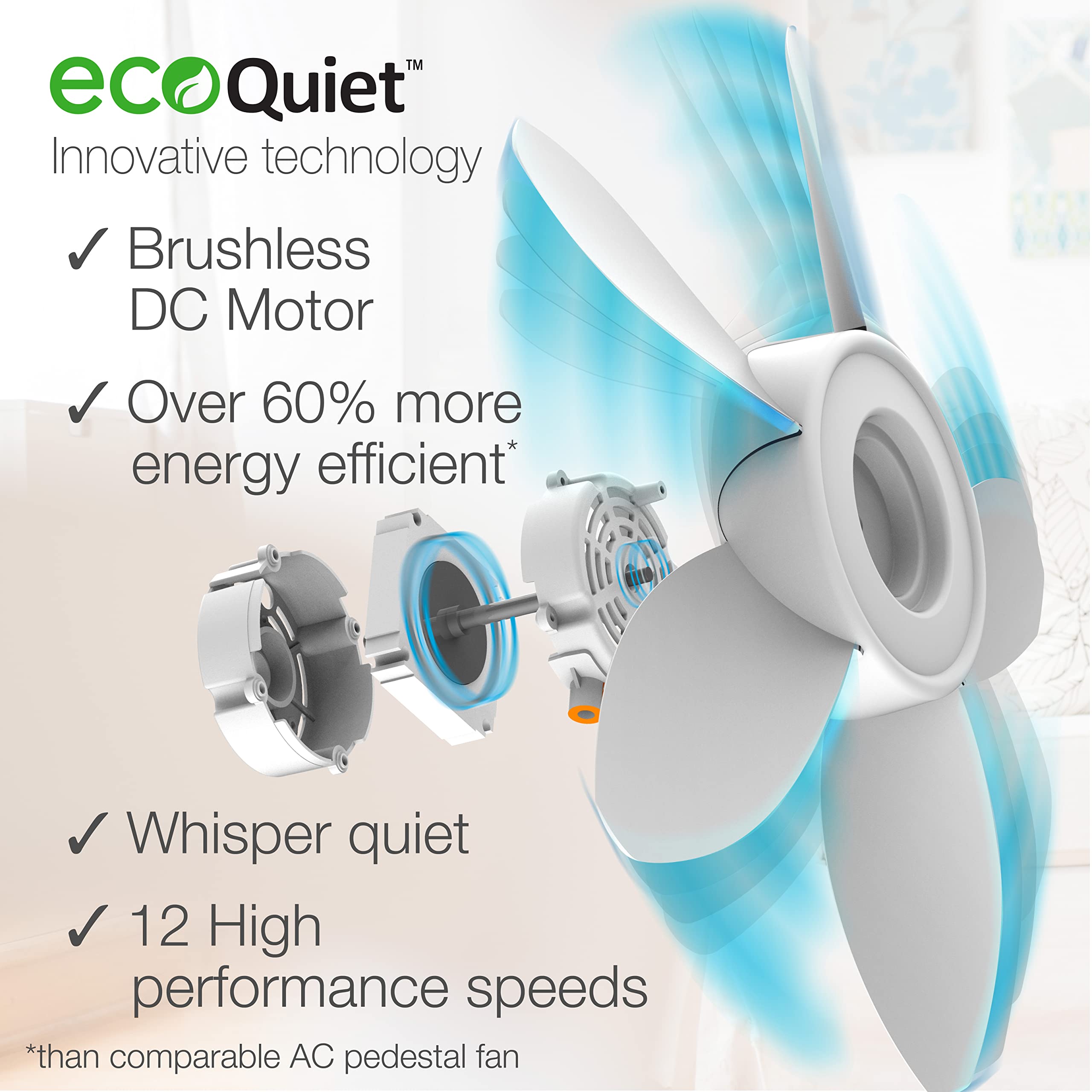 Lasko EcoQuiet Oscillating Pedestal Fan with Whisper Quiet DC Motor - 12 Speed Settings, 8 Hour Timer, Adjustable Height & Remote Control - White Large (Model S18705) for Bedroom, Living Room & Office Cooling