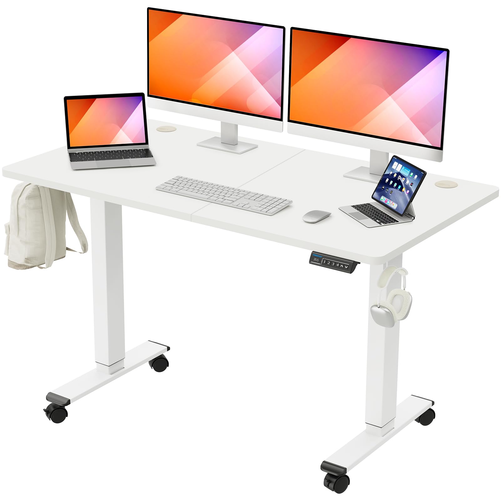 MOUNTUP Electric Height Adjustable Standing Desk - 55 x 28 Inches Sit Stand Desk with Memory Controller, Ergonomic Home Office Desk with Splice Board (White) - Perfect for Work from Home, Gaming & Study Setup