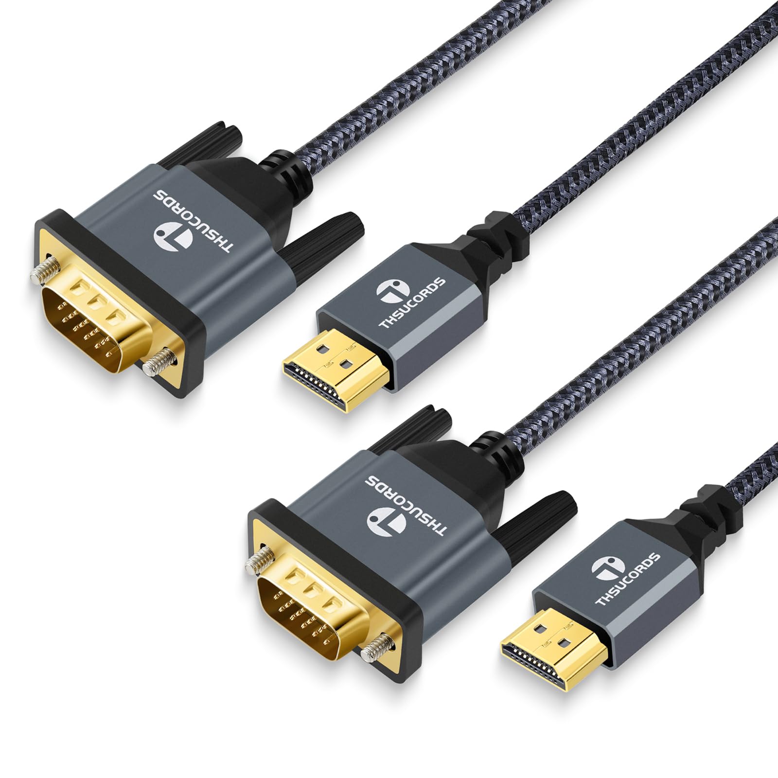 Thsucords HDMI to VGA Cable 2M (6.6ft) 2 Pack - Uni-Directional HDMI Male to VGA Male Adapter Cable for Computer, Laptop, Monitor, Projector - Ideal for Home Office, Presentations & Gaming Setups