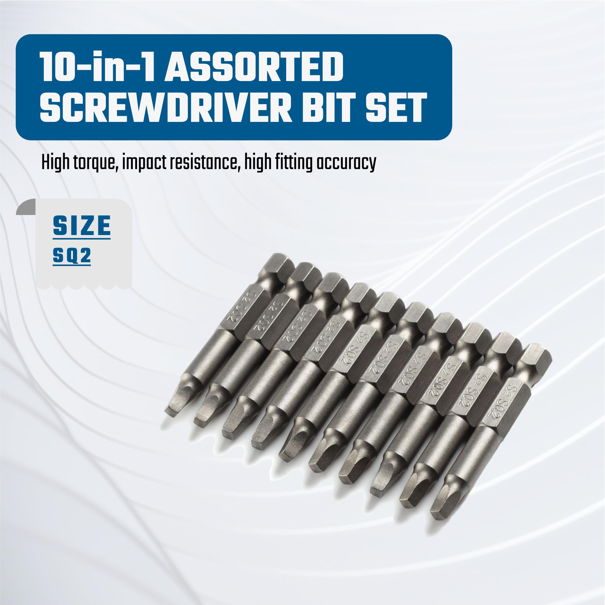10PCS Square Head SQ2 Screwdriver Bit Set - 1/4 Inch Hex Shank, 2 Inch/50mm Length, S2 Steel with Magnetic Tip - Compatible with Power Screwdrivers, Drills & Impact Drivers - Perfect for DIY Projects, Furniture Assembly & Automotive Repairs