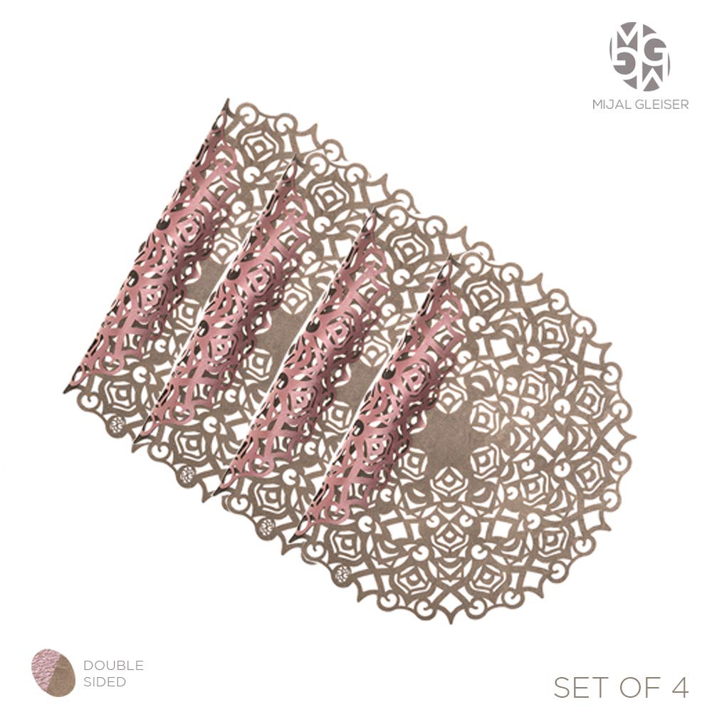 Mijal Gleiser Double Sided Laser Cut Placemats - Heat Resistant, Non Slip, Stain Proof Table Mats Set of 4 - Maya Collection Pewter-Rose - Perfect for Dining Table, Kitchen Decor, and Holiday Entertaining