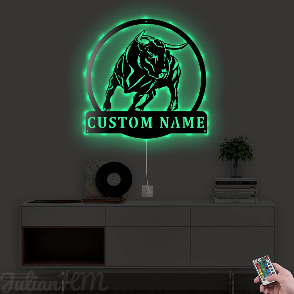 Custom Bull Metal Wall Decor with LED Lights - Personalized Ranch Sign for Home & Bar Decor (24x24 Inches) - Perfect for Western Themed Rooms, Man Caves & Cowboy Gifts