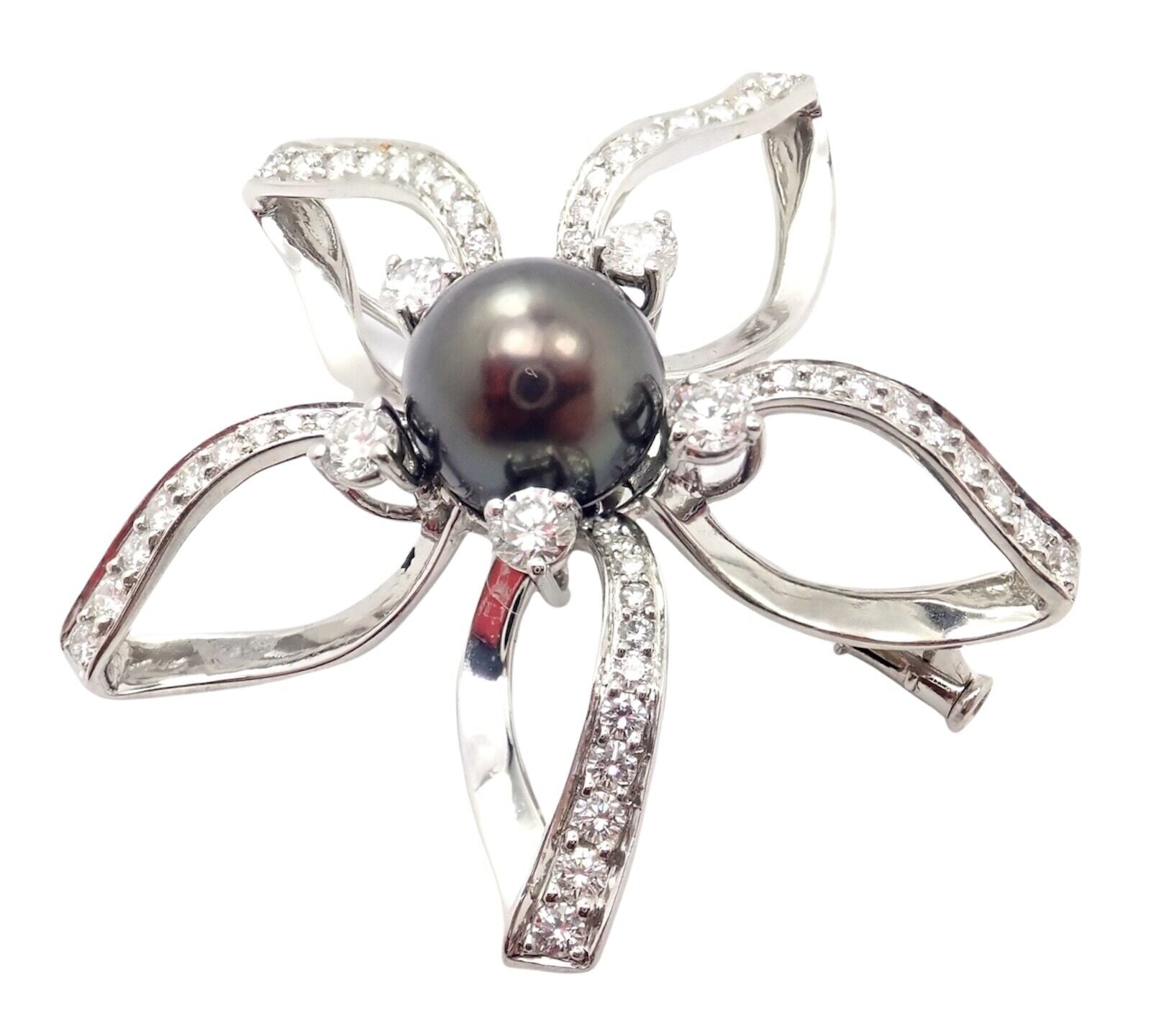 Authentic Mikimoto Platinum Diamond Tahitian South Sea Pearl Brooch Pin - Luxury Pearl Jewelry for Women, Elegant Gift for Special Occasions, Perfect for Weddings, Anniversaries and Formal Events