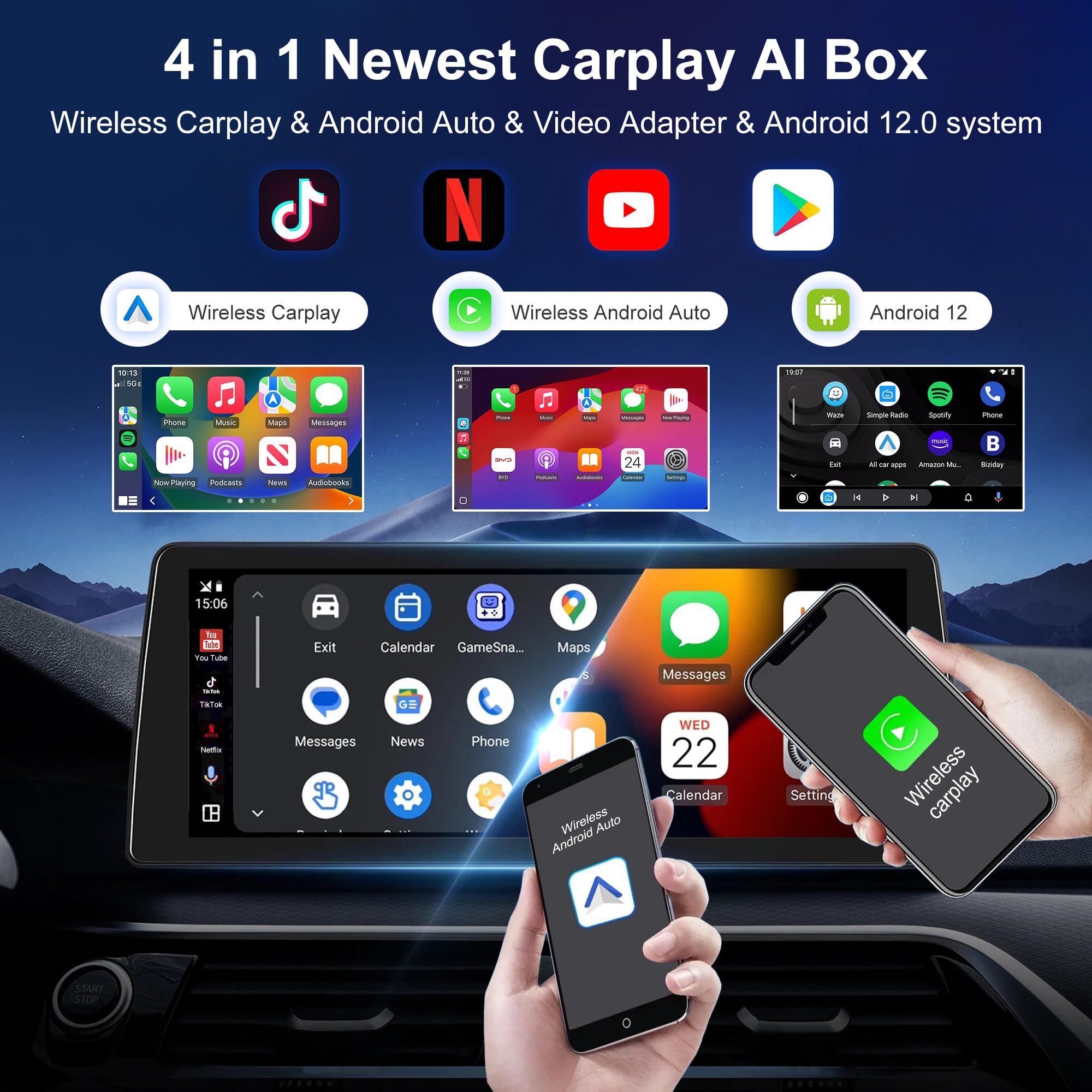4-in-1 Wireless CarPlay & Android Auto Adapter with Netflix/YouTube/Play Store Support - Easy Plug & Play Setup for OEM Wired Cars - Perfect for Streaming Videos & Music on Road Trips & Commutes