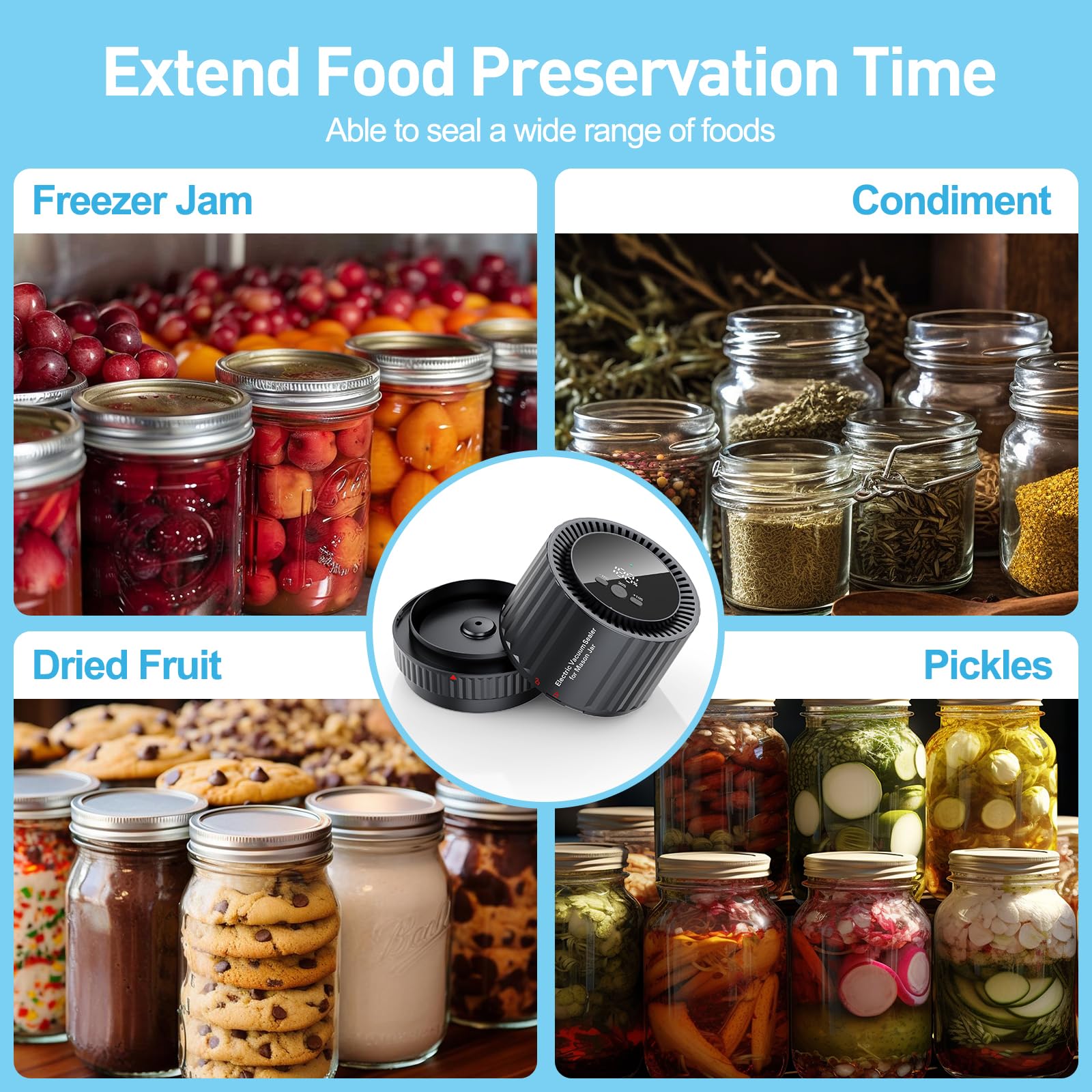 2025 Newest Electric Mason Jar Vacuum Sealer Kit - Automatic One-Touch Operation, Leak-Proof & Anti-Slip Design - Includes 10 Extra Lids, 10 Labels & Bottle Opener - Compatible with Wide/Regular Mouth Jars - Perfect for Food Storage, Meal Prep & Canning at Home