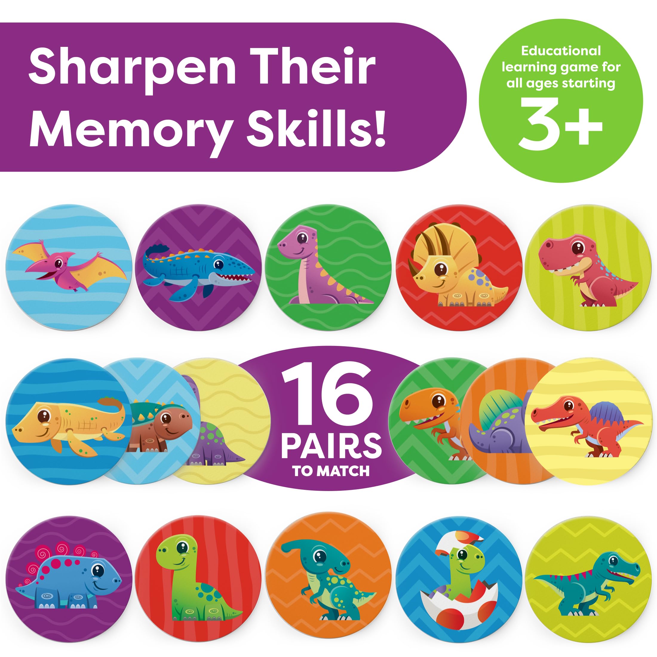 Dinosaur Matching Game for Kids Ages 3-5 - 32pc Educational Memory Game | Preschool & Kindergarten Learning Toys | Perfect Easter Gift for Toddlers (Boys & Girls) | Fun Birthday Party & Classroom Activity