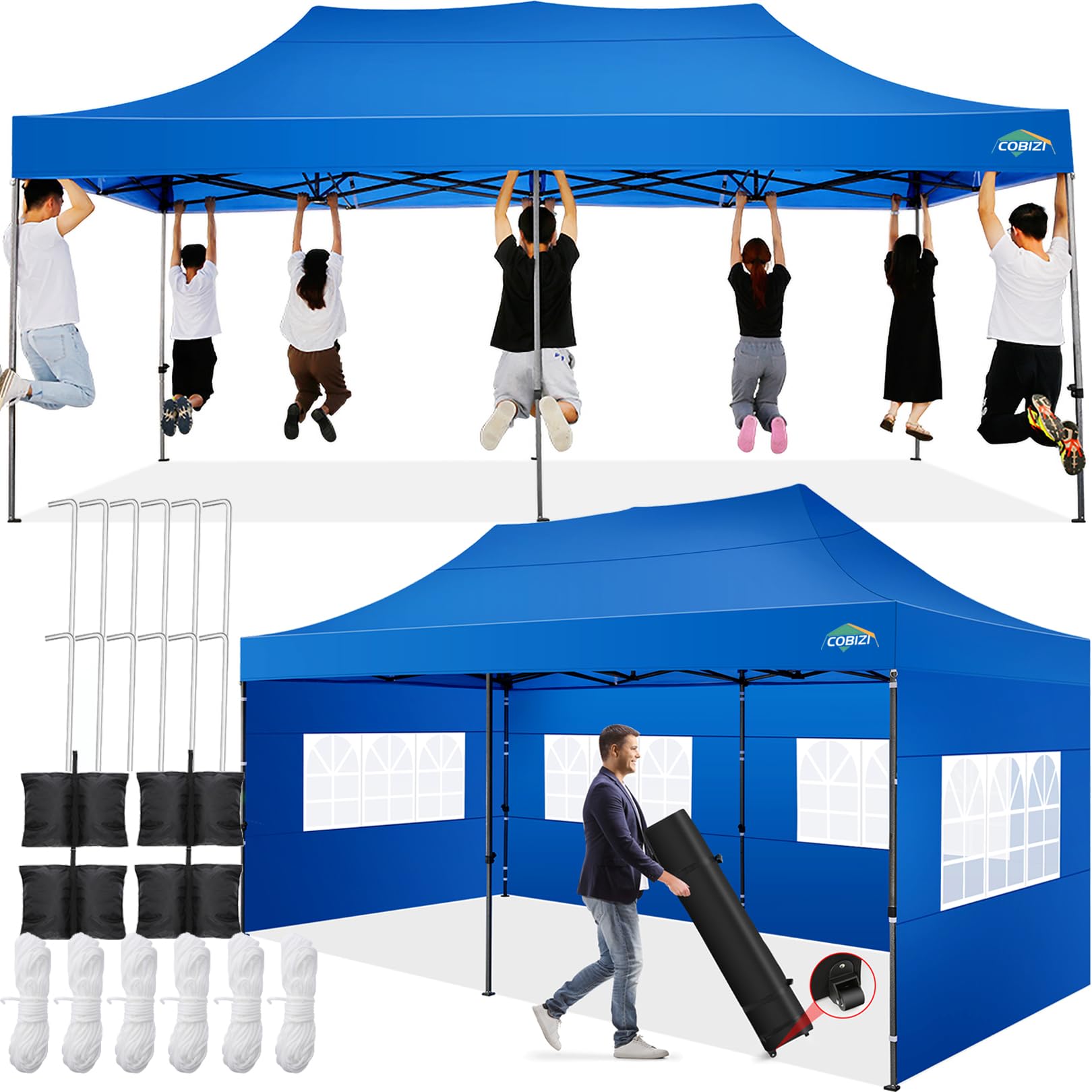 COBIZI 10x20 Pop Up Canopy Tent with 6 Sidewalls - Heavy Duty Waterproof Commercial Canopy for Outdoor Parties, Events, Markets & Backyard Gatherings - Includes Wheeled Carry Bag (10x20ft, Blue) - Perfect for Festivals, Farmers Markets, Beach Picnics & Camping