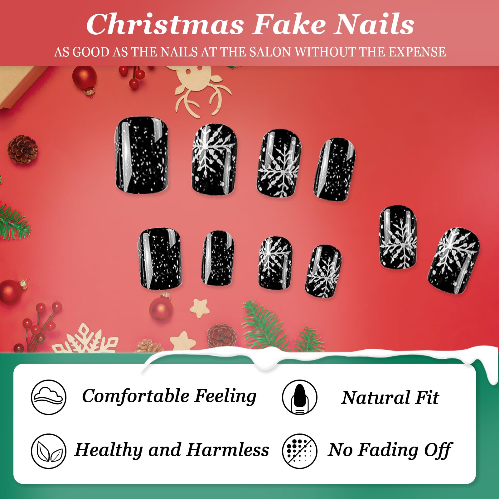 24-Pack Christmas Short Square False Nails - Glossy Black French Tips with Snowflake Designs, Acrylic Press-On Nails for Women & Girls | DIY Manicure, Holiday Parties, Gift Giving, Salon-Quality Nails at Home