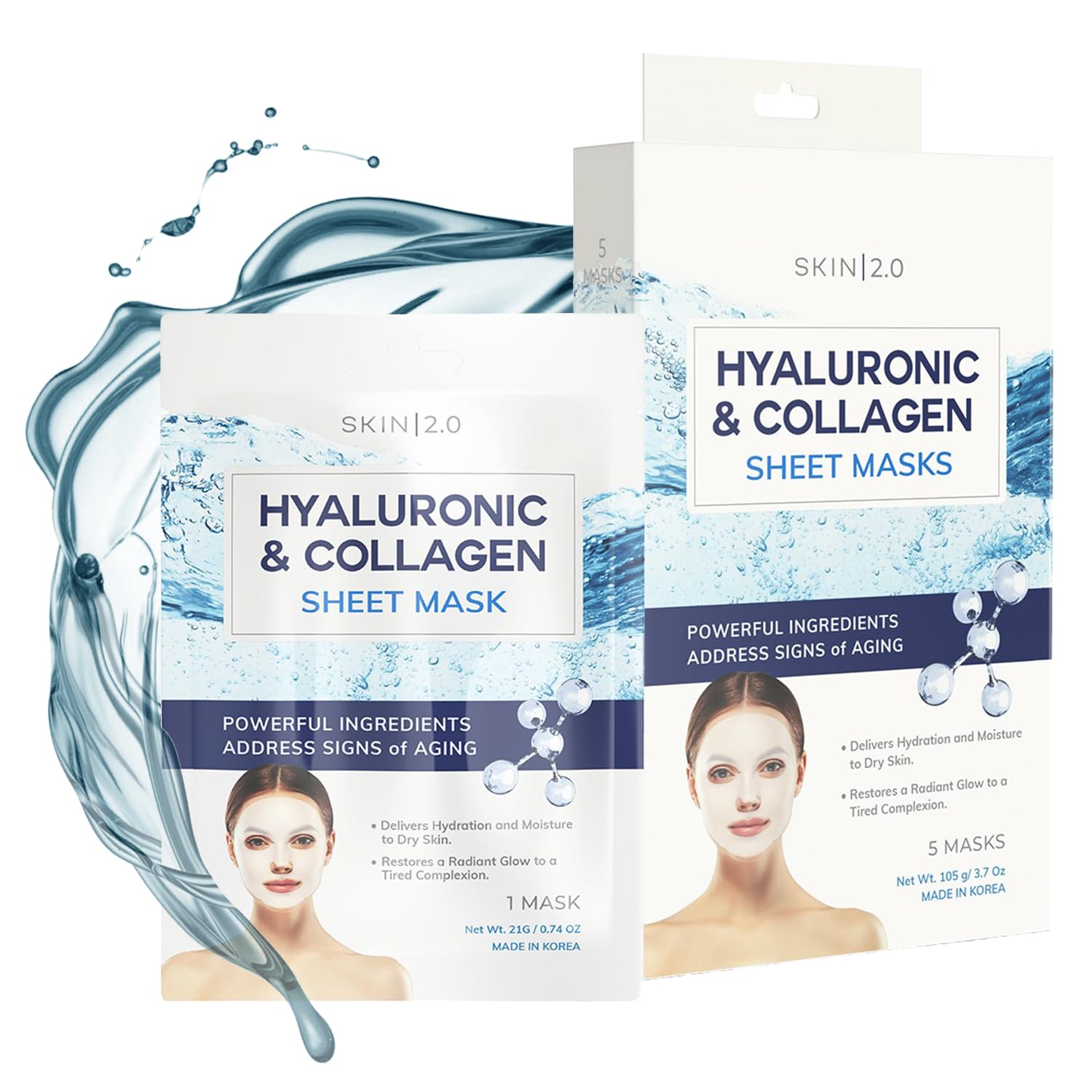 Hydrating & Anti-Aging Hyaluronic Acid Collagen Sheet Mask - Korean Skincare for Firming & Moisturizing - Dermatologist Tested, Clean Beauty with Natural Ingredients - Cruelty-Free Face Mask for All Skin Types (5 Pack) - Perfect for Daily Skincare Routine & Spa Night