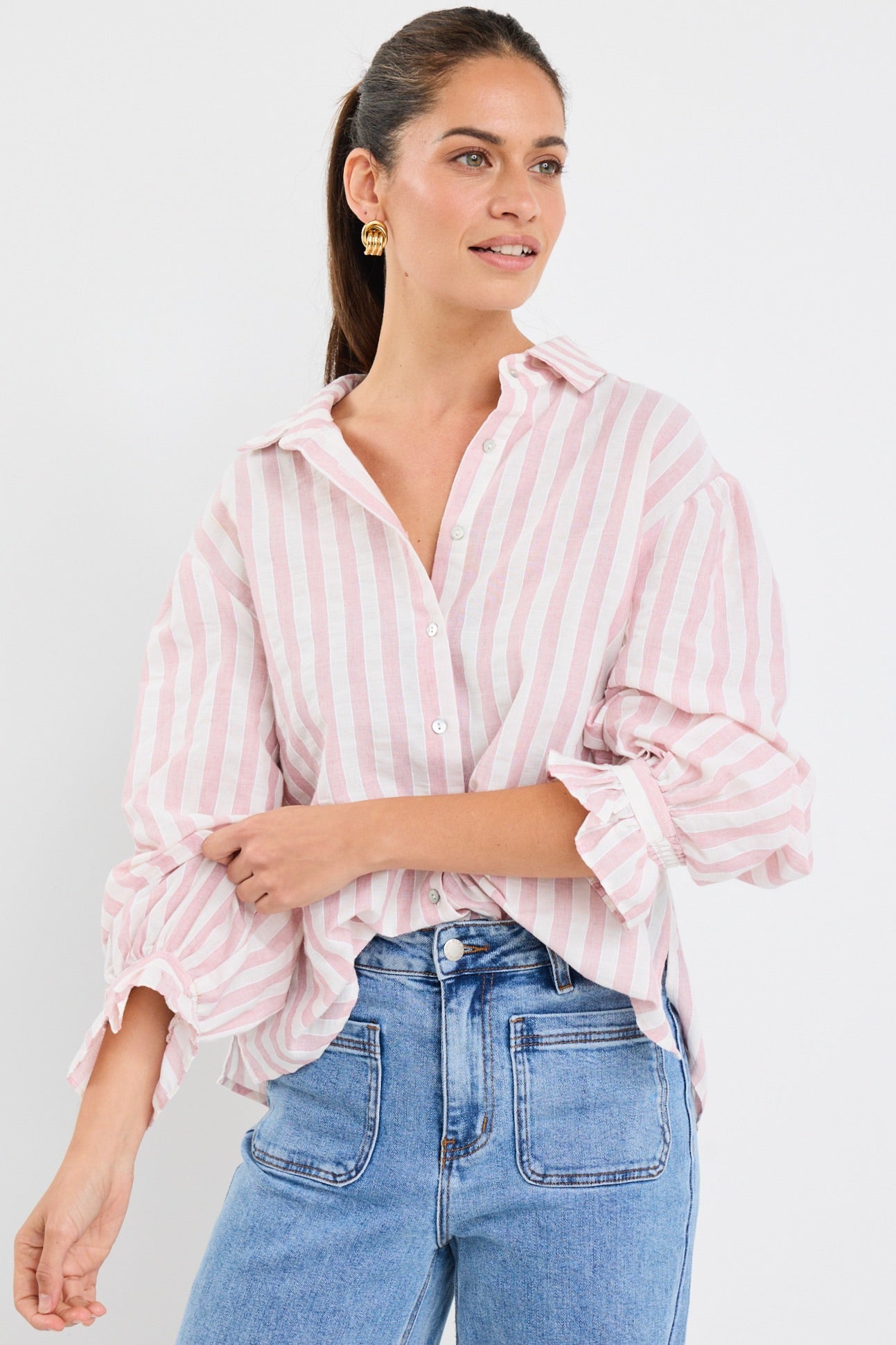 Pink Stripe Button Front Blouse for Women - Elegant Floral Print Casual Shirt - Perfect for Office, Date Night & Spring Outfits
