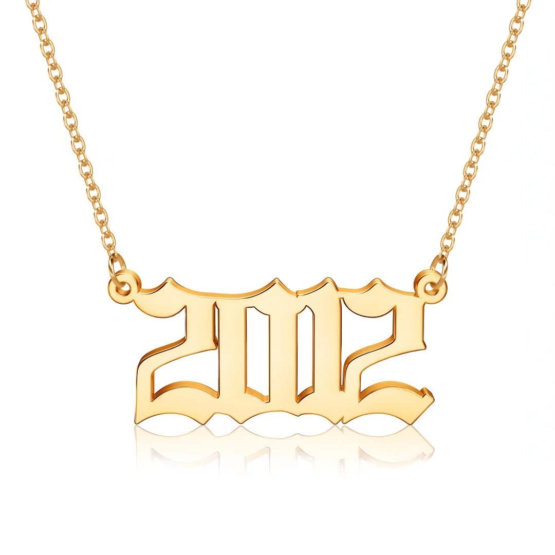 18K Gold Plated Old English Birth Year Necklace for Women - Personalized Jewelry Gift for Birthday, Anniversary (1970-2021) | Elegant Layering Necklace for Everyday Wear & Special Occasions