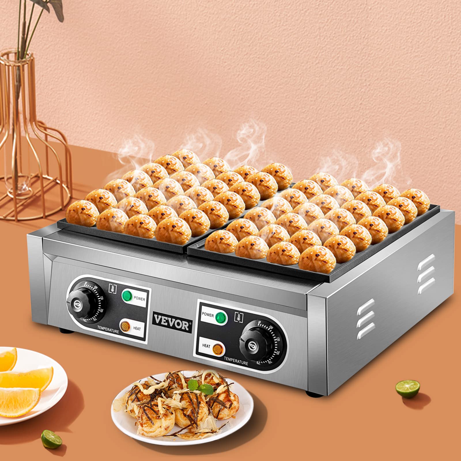 VEVOR Commercial Takoyaki Maker Machine - 56PCs Japanese Octopus Ball Grill with 2 Non-Stick Plates & Independent Temperature Control - Perfect for Restaurants, Food Trucks, and Home Cooking