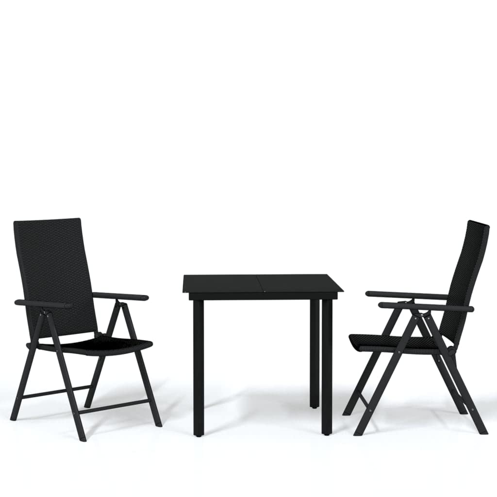 vidaXL 3-Piece Patio Dining Set - Black Outdoor Table with Reclining PE Rattan Chairs for Backyard, Garden & Poolside Relaxation