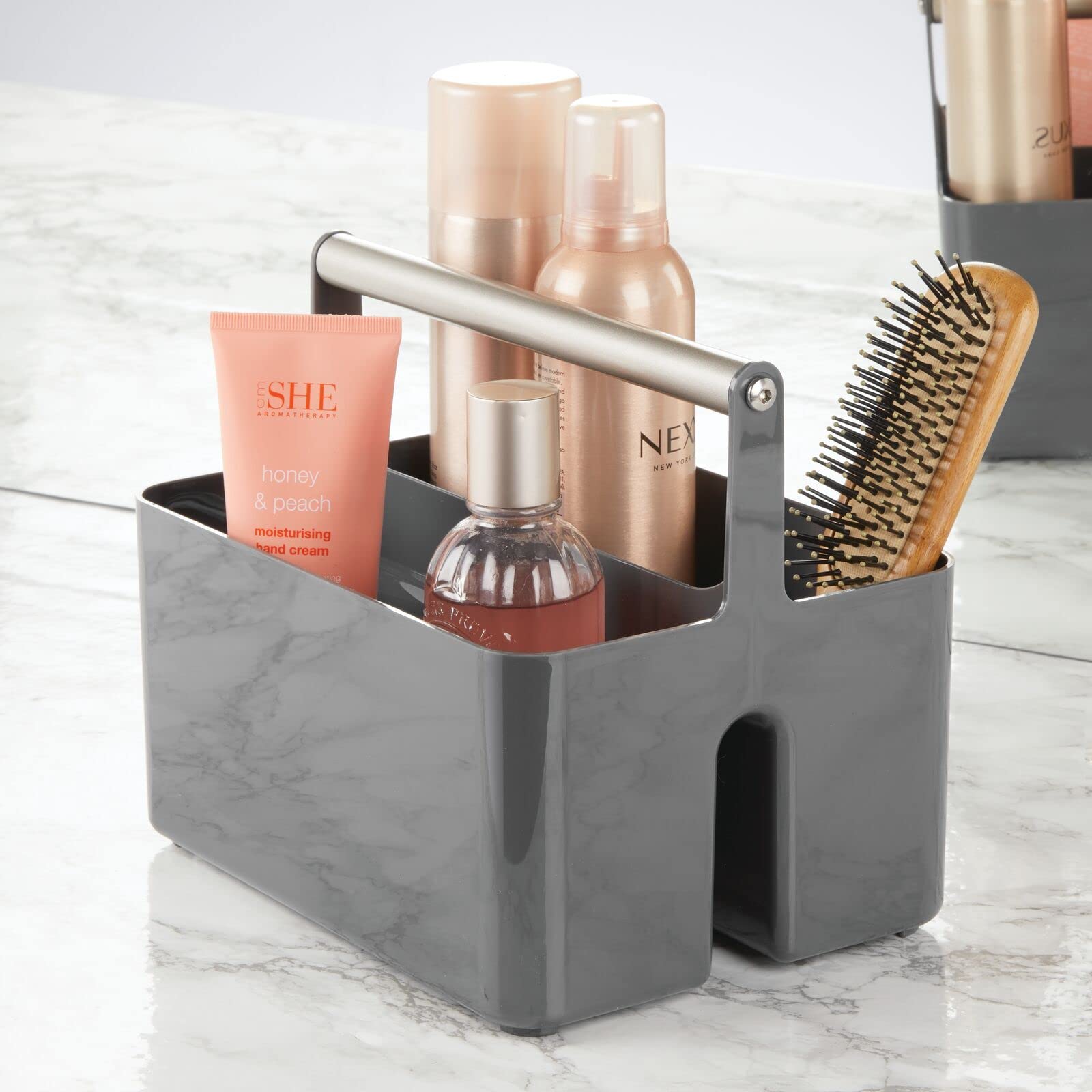 mDesign Plastic Shower Caddy Organizer with Metal Handle - Bathroom Storage Basket for Soap, Shampoo & Conditioner - Dorm & Kitchen Utility Tote - Aura Collection in Dark Gray/Matte Satin - Perfect for Small Space Organization & Bath Essentials Storage