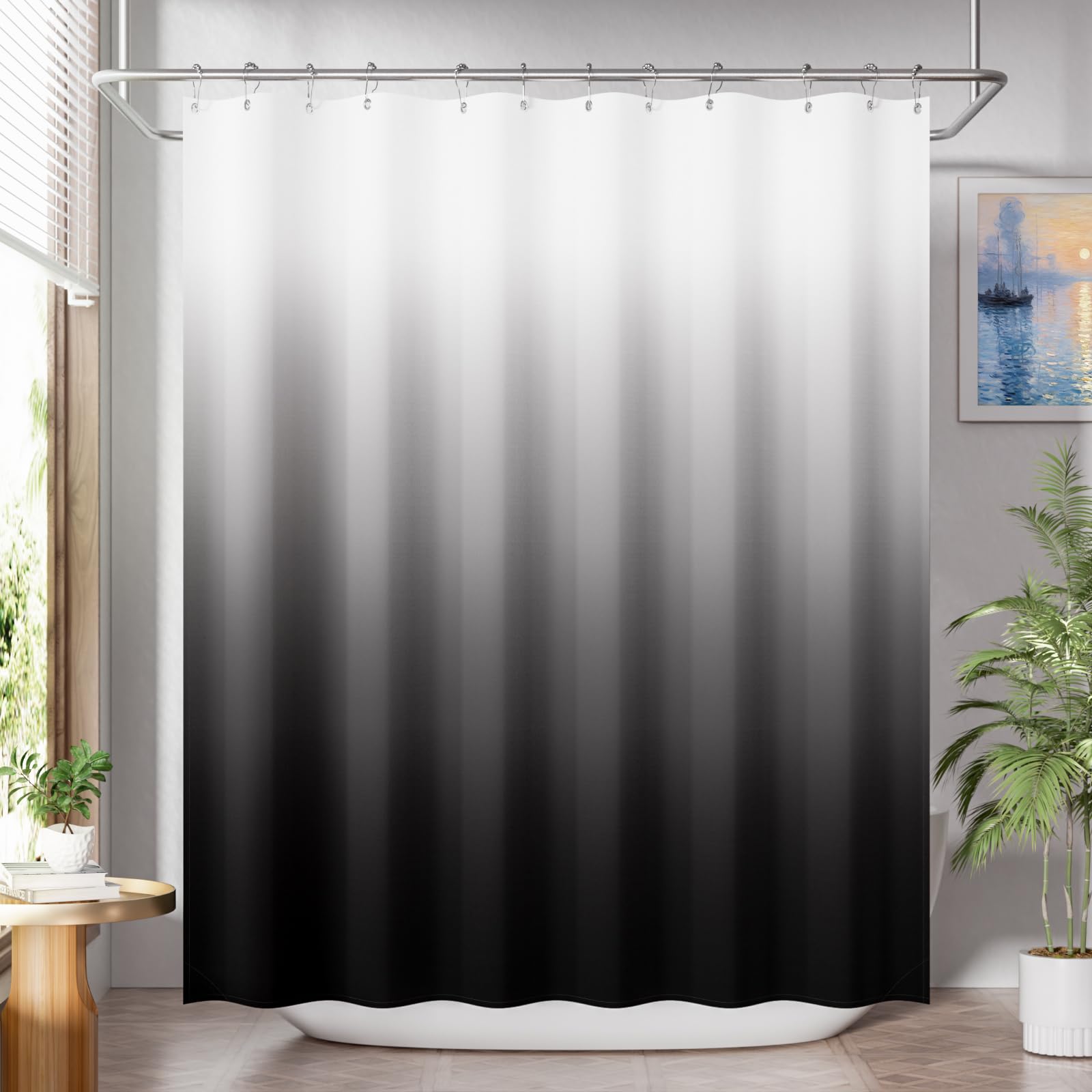 AmazerBath Ombre Black & White Fabric Shower Curtain Set - 72x72 Inches Washable Cloth with 12 Rustic Hooks for Farmhouse Bathroom Decor | Perfect for Vintage, Boho & Modern Bathroom Styles