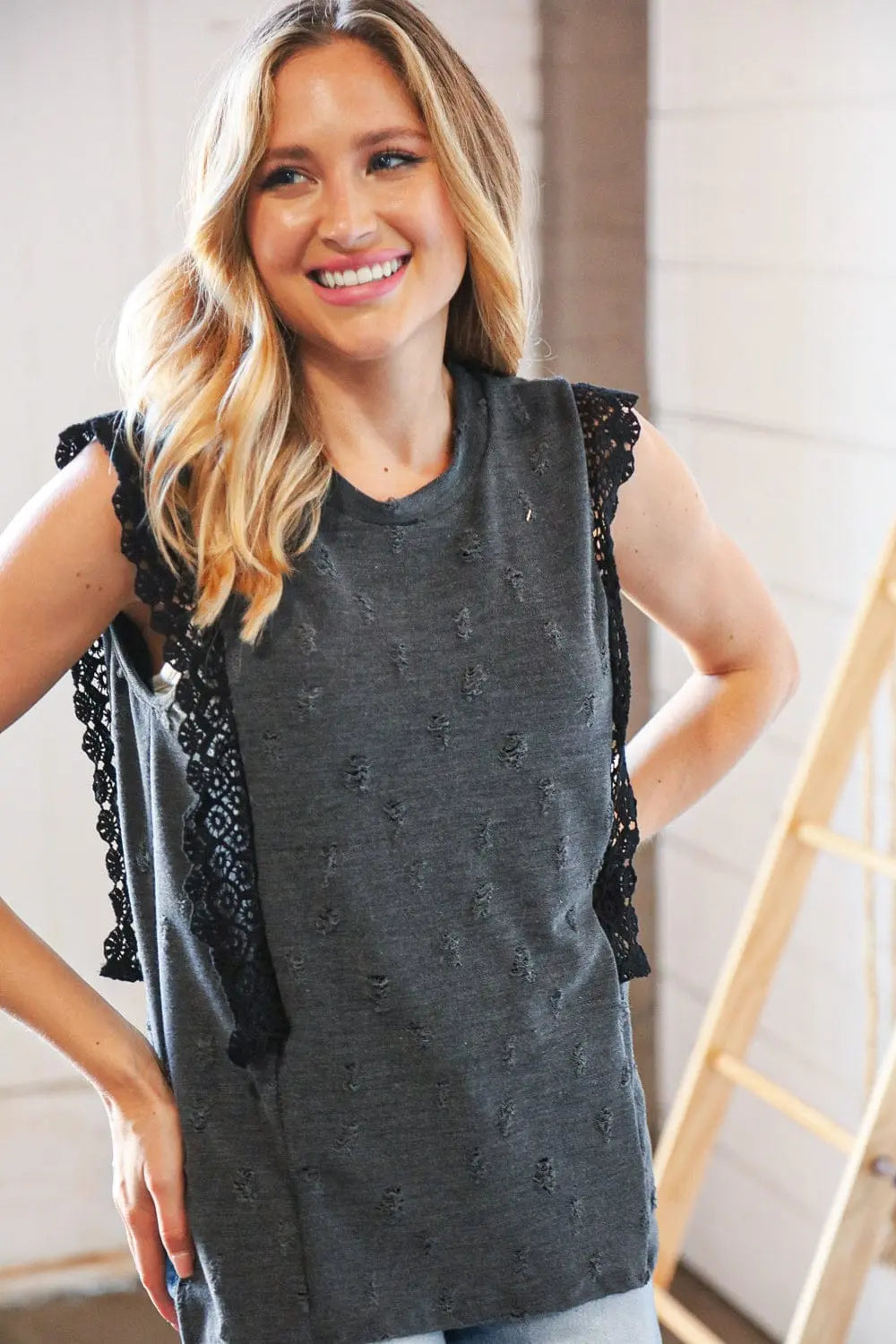 Distressed Charcoal Crochet Lace Sleeveless Top for Women - Boho Chic Summer Beach Outfit, Casual Date Night Blouse, Festival Fashion Top
