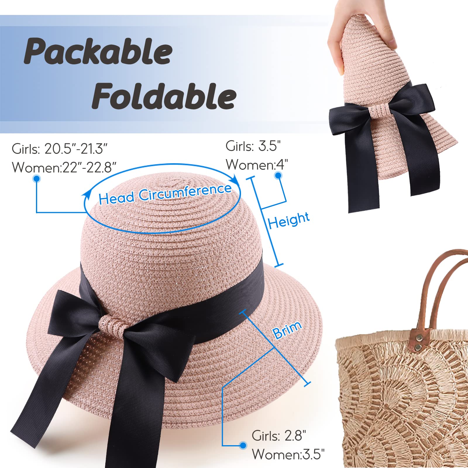 Zsedrut Women's & Girls' Straw Sun Hat - Wide Brim Summer Beach Hat with Bow, Foldable Floppy Visor for Outdoor, Travel & Vacation