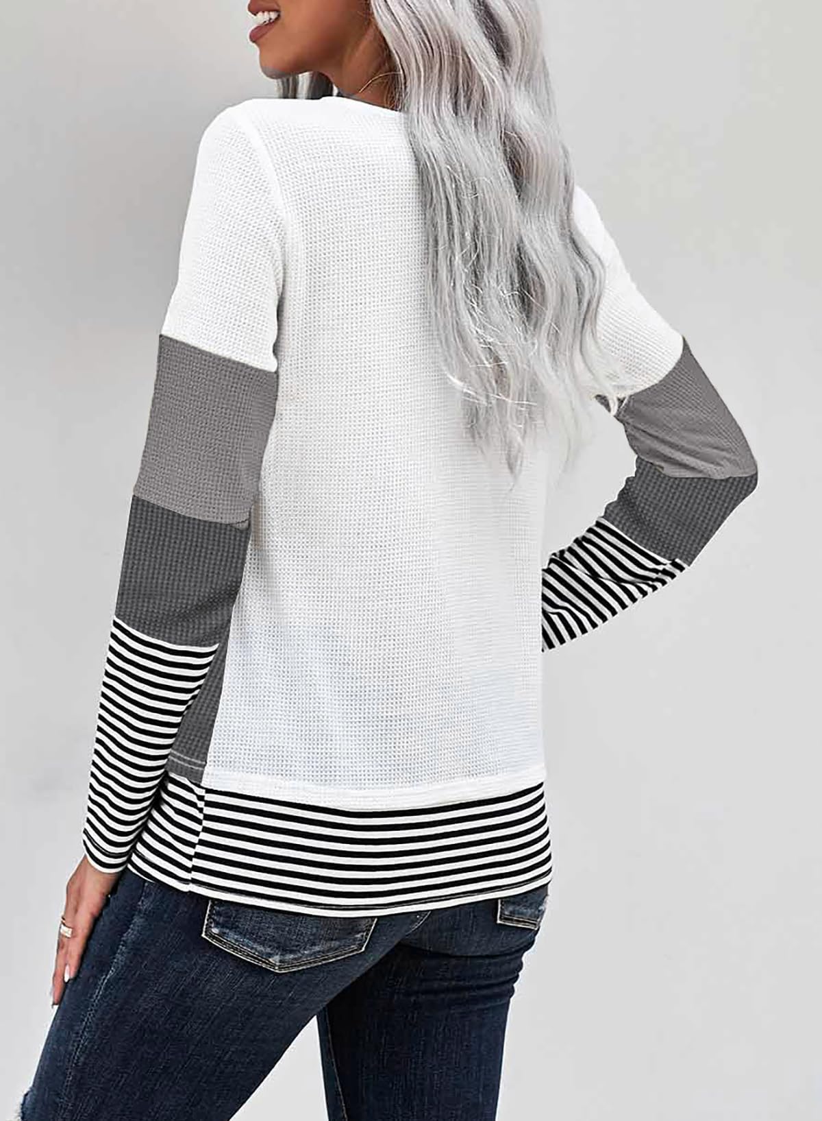 Dokotoo Women's Casual Long Sleeve Crewneck Pullover Sweater - Color Block Stripes Waffle Knit Top for Fall | Cozy Autumn Outfits, Layering Essential, Office & Weekend Wear