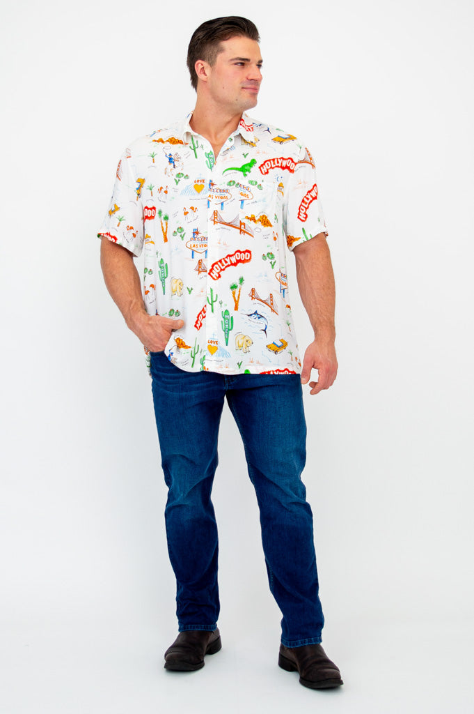 Dino Shirt for Men - Premium Hollywood Style Woven Bamboo Fabric T-Shirt - Perfect for Casual Wear, Street Fashion & Retro Outfits