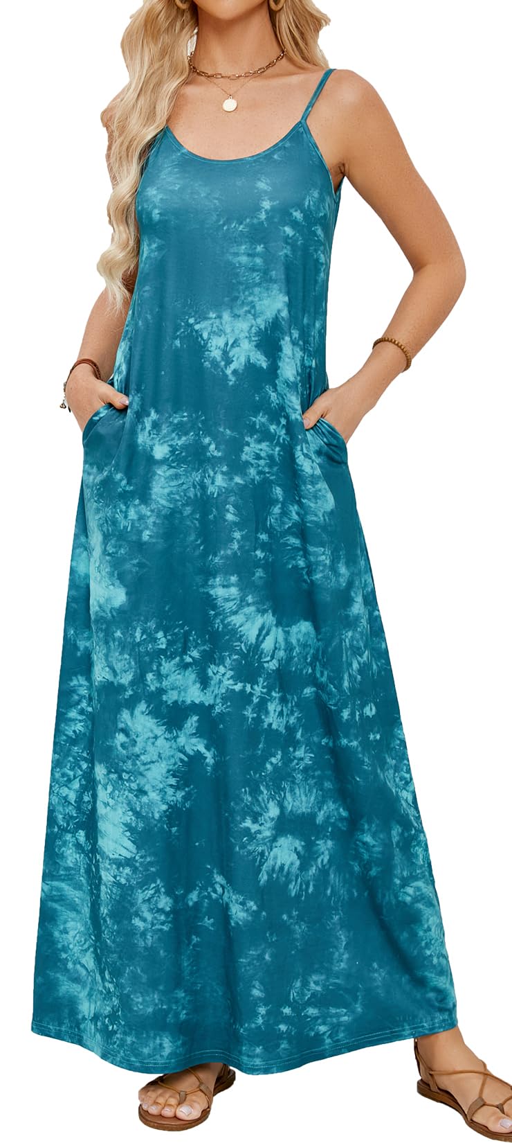 Supnier Women's Summer Maxi Dress - Casual V-Neck Sleeveless Bohemian Floral Long Dress with Pockets | Perfect for Beach Vacation, Music Festival & Boho Chic Outfits