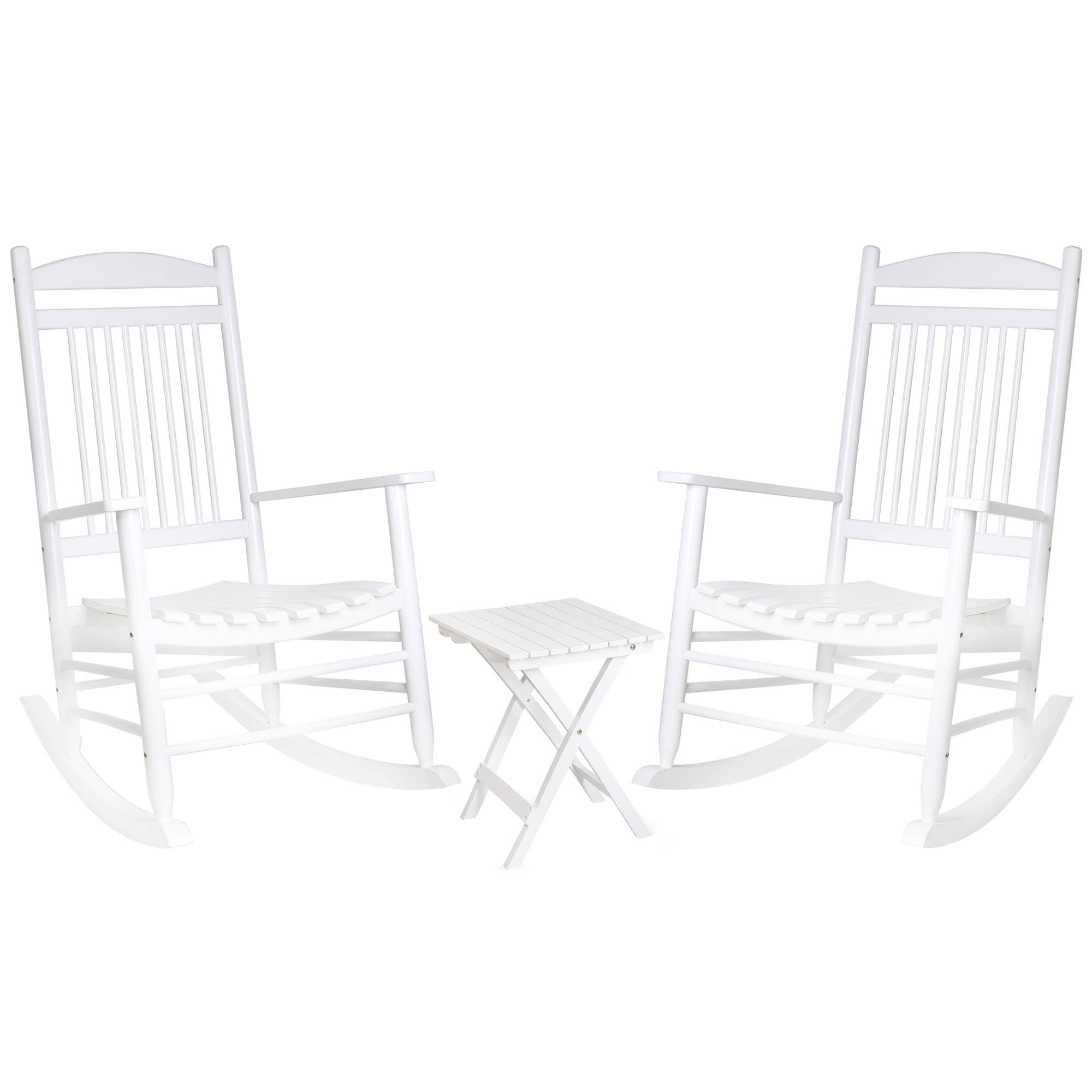 MUPATER 3-Piece Outdoor Rocking Chair Set with Bistro Table - Patio Wooden Rocker Chairs & Foldable Table - White - Perfect for Garden, Porch, and Backyard Relaxation
