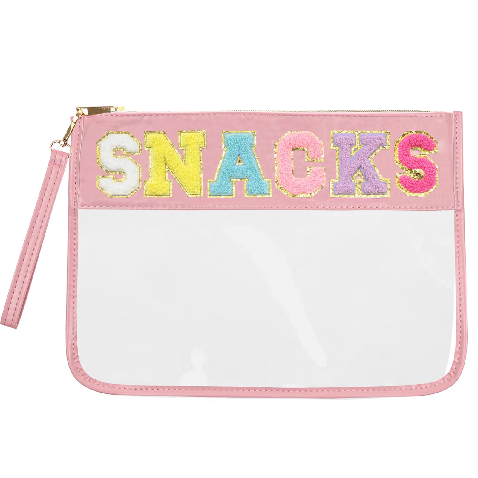 Snack Bags Pouch | Travel Makeup Bag with Chenille Letters | Clear Zippered Cosmetic Organizer | Women's Toiletry Tote for Travel, Gym & Daily Essentials