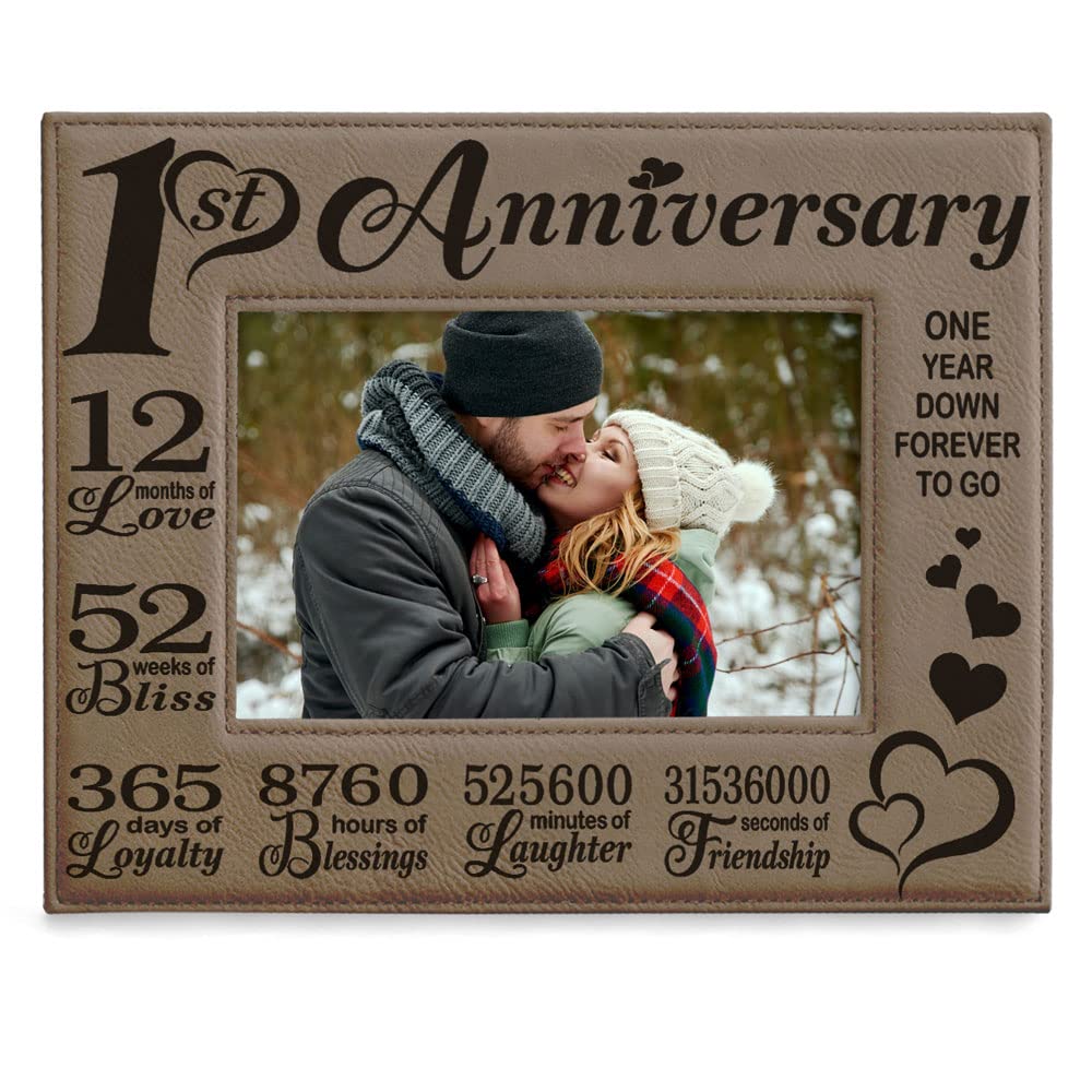 KATE POSH 1st Anniversary Engraved Leather Picture Frame - Personalized Couple Gift for Him & Her, 4x6 Horizontal Wedding Photo Frame | Perfect for Paper Anniversary, Home Decor, and Romantic Keepsakes