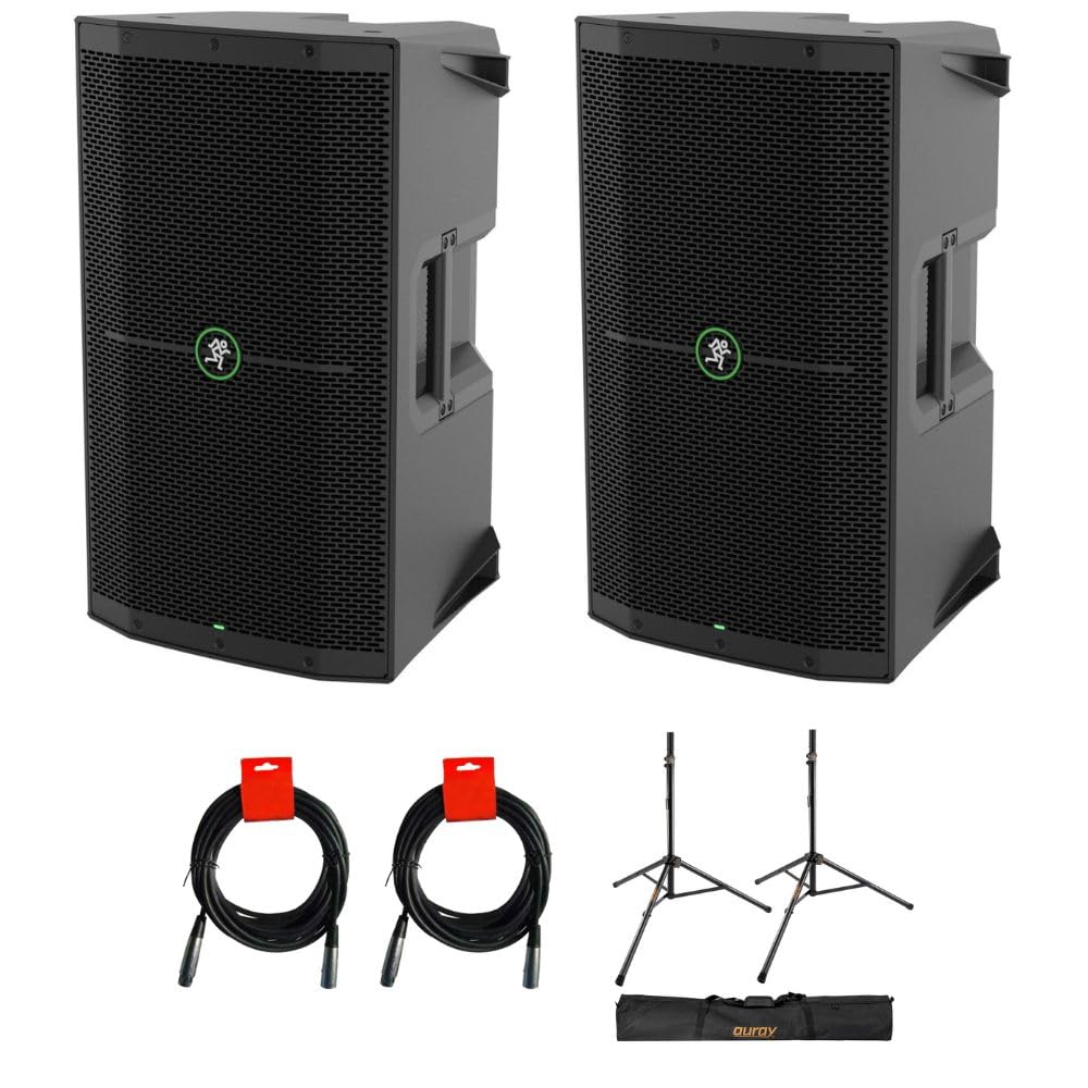 Mackie Thump210XT 1400W 10-Inch Powered PA Speaker System (2-Pack) with XLR Cables & Auray SS-47S-PB Adjustable Steel Speaker Stands - Perfect for Live Performances, DJ Gigs, and Outdoor Events