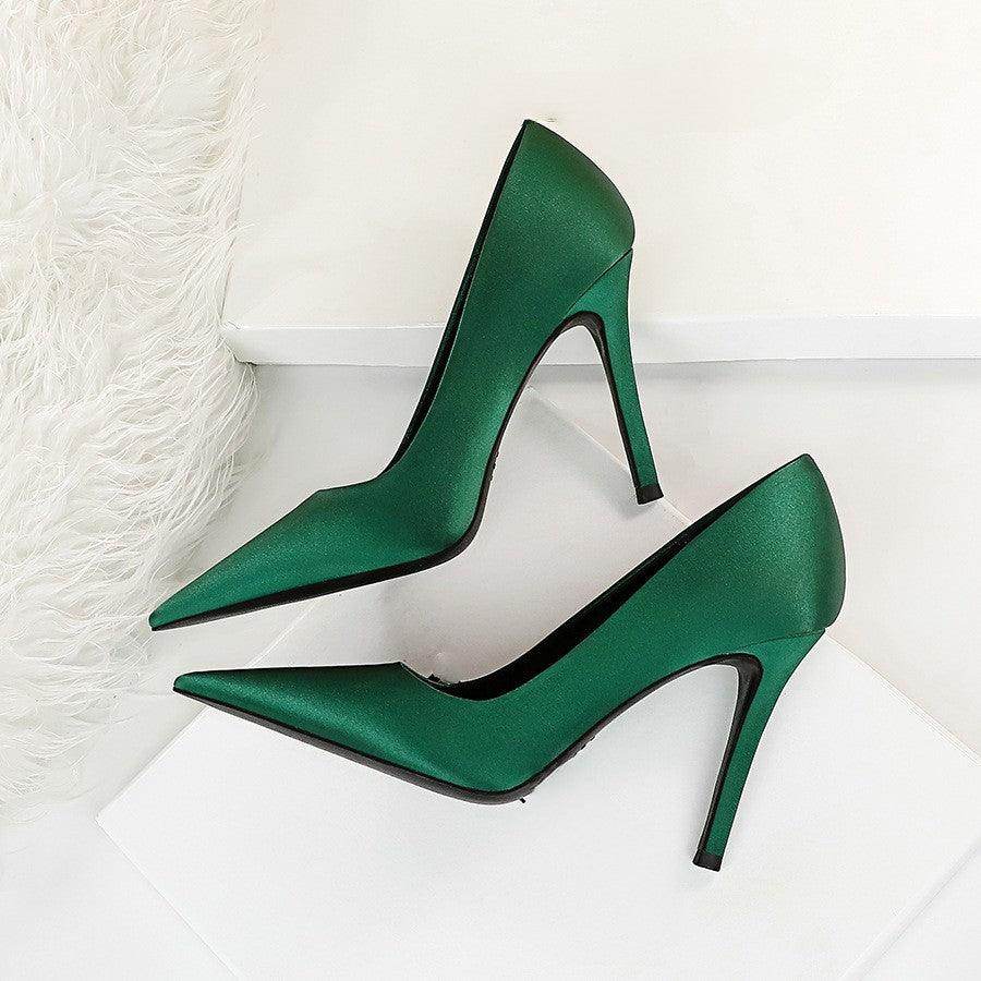 Elegant Green Satin Pointy Toe Stiletto Heels - Women's High Heel Pumps for Parties, Weddings & Evening Events - Fashionable Dress Shoes for Special Occasions