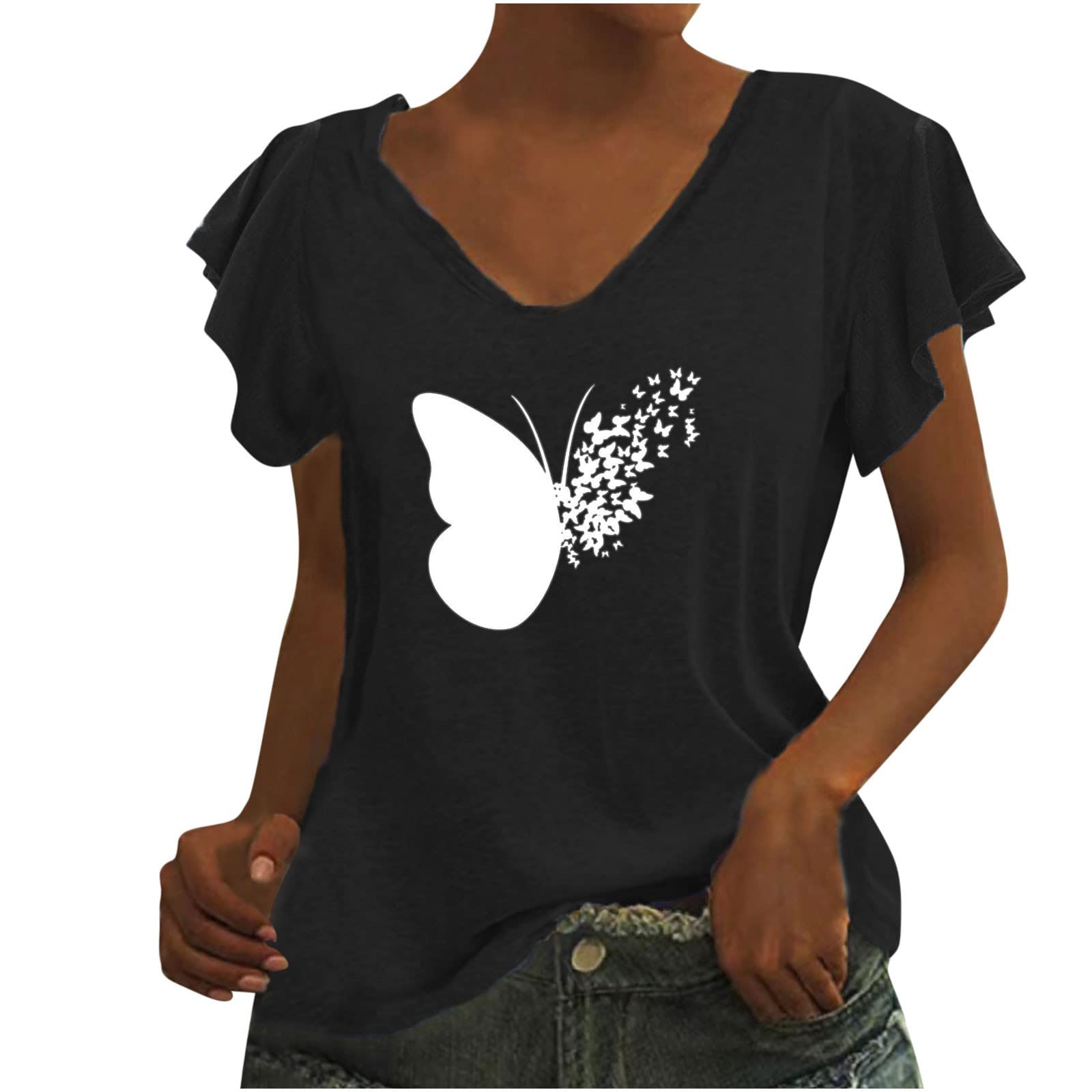 Women's Cute Summer Tops 2023 - Ruffle Short Sleeve Loose Fit V-Neck Butterfly Print Graphic Tees & Tank Tops | Casual Wear, Beach Outfits, Vacation Style