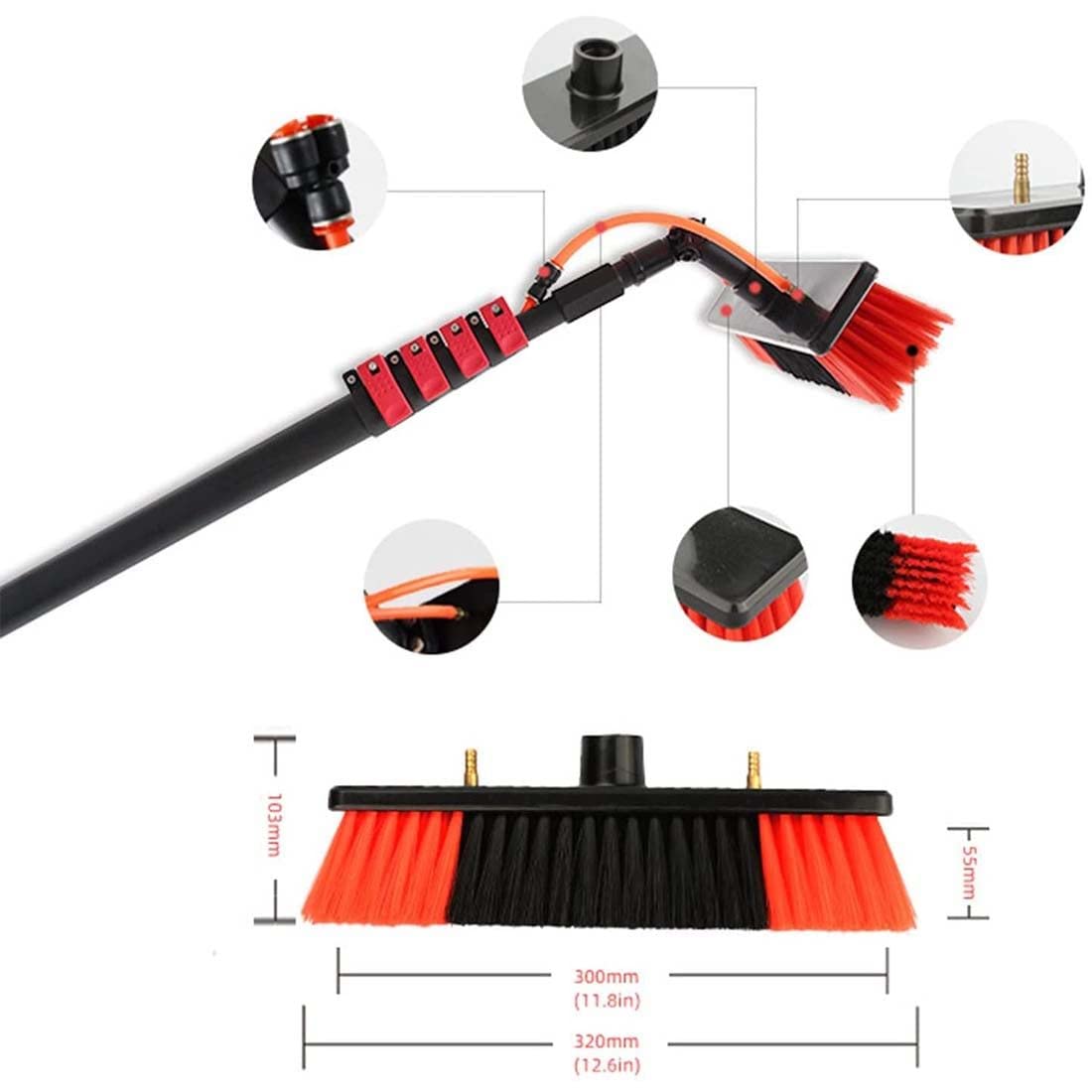 Extendable Water Spray Pole Brush - 20FT/6M Telescopic Window Washing Tool with Dual Water Outlets for Glass, Roof & Solar Panel Cleaning | Perfect for High Windows, Skylights & Photovoltaic Maintenance